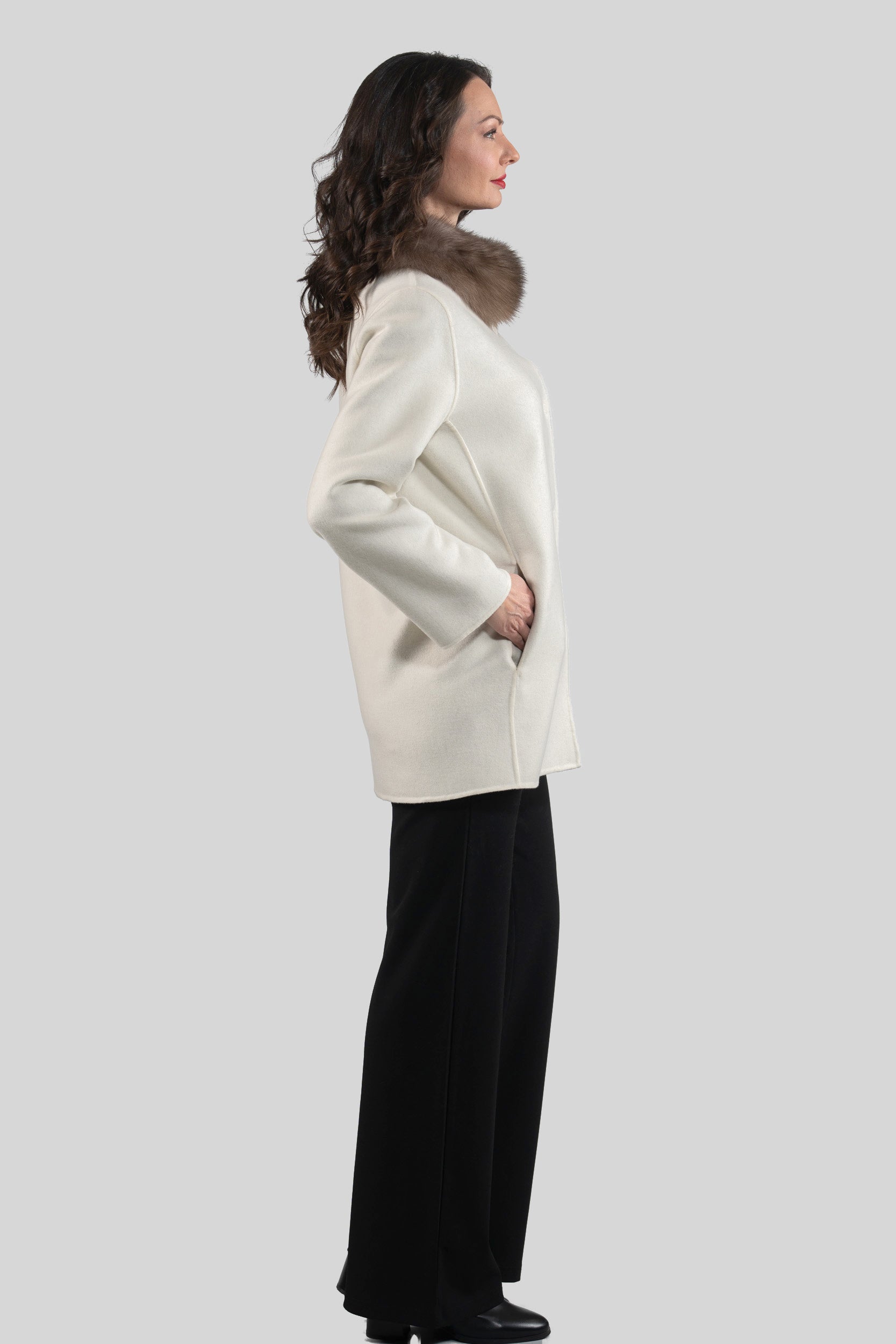 White Cashmere Jacket with Russian Sable Trimmed Stand Collar 17C8003G530