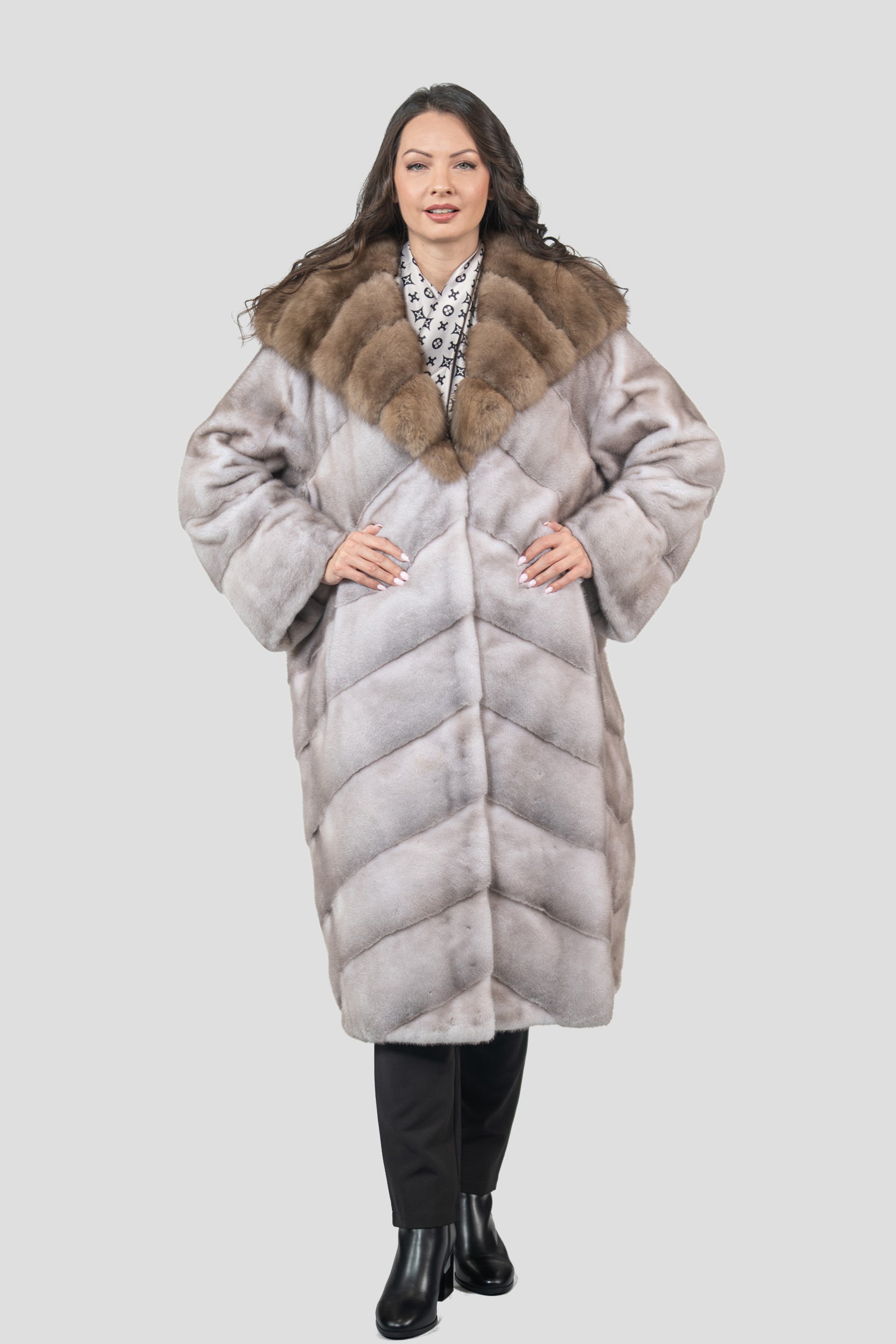Silver Blue Mink Coat with Russian Sable Hood A/K13C850