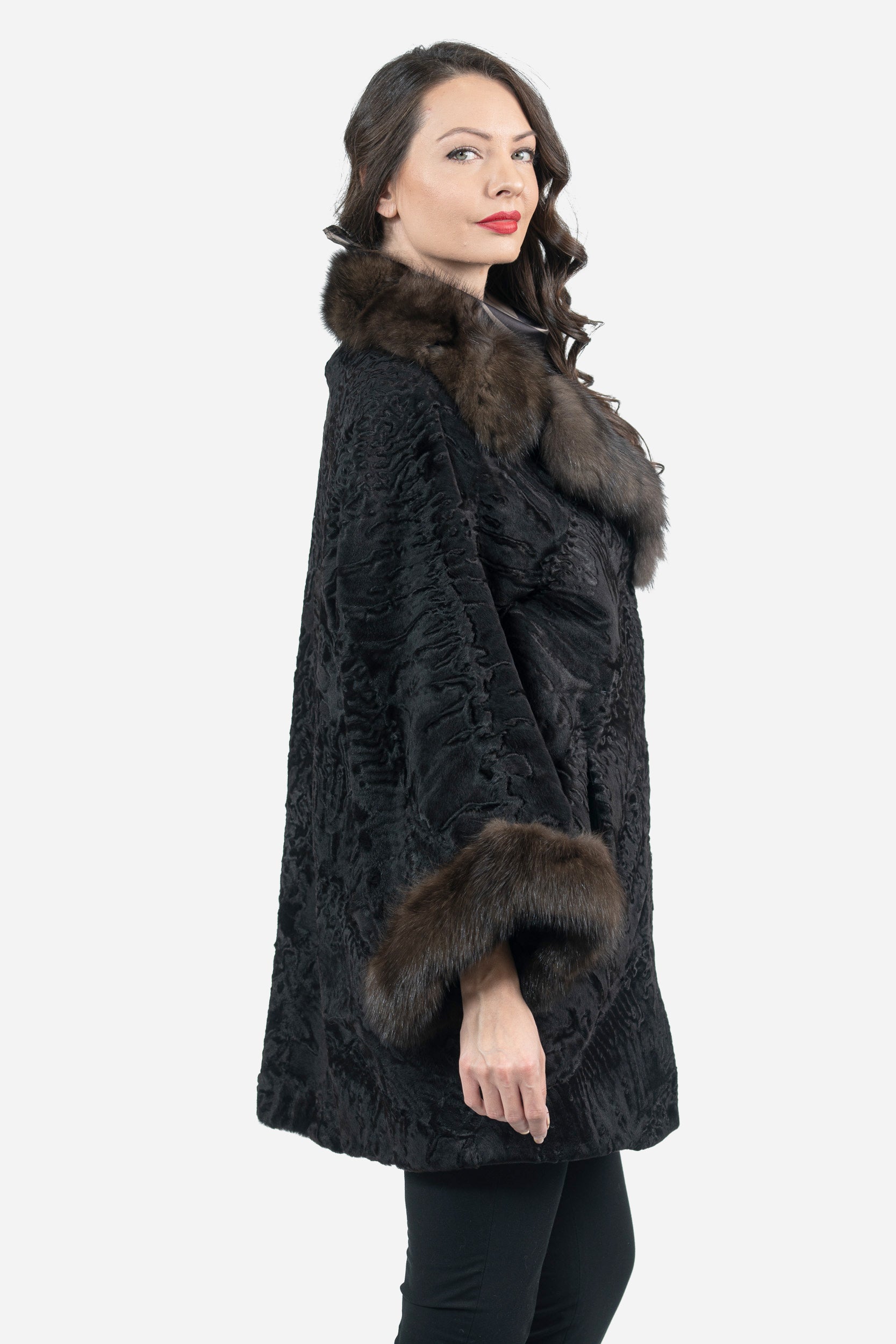 Black Swakara Cape with Russian Sable Notch Collar A/K13C848gs20v30