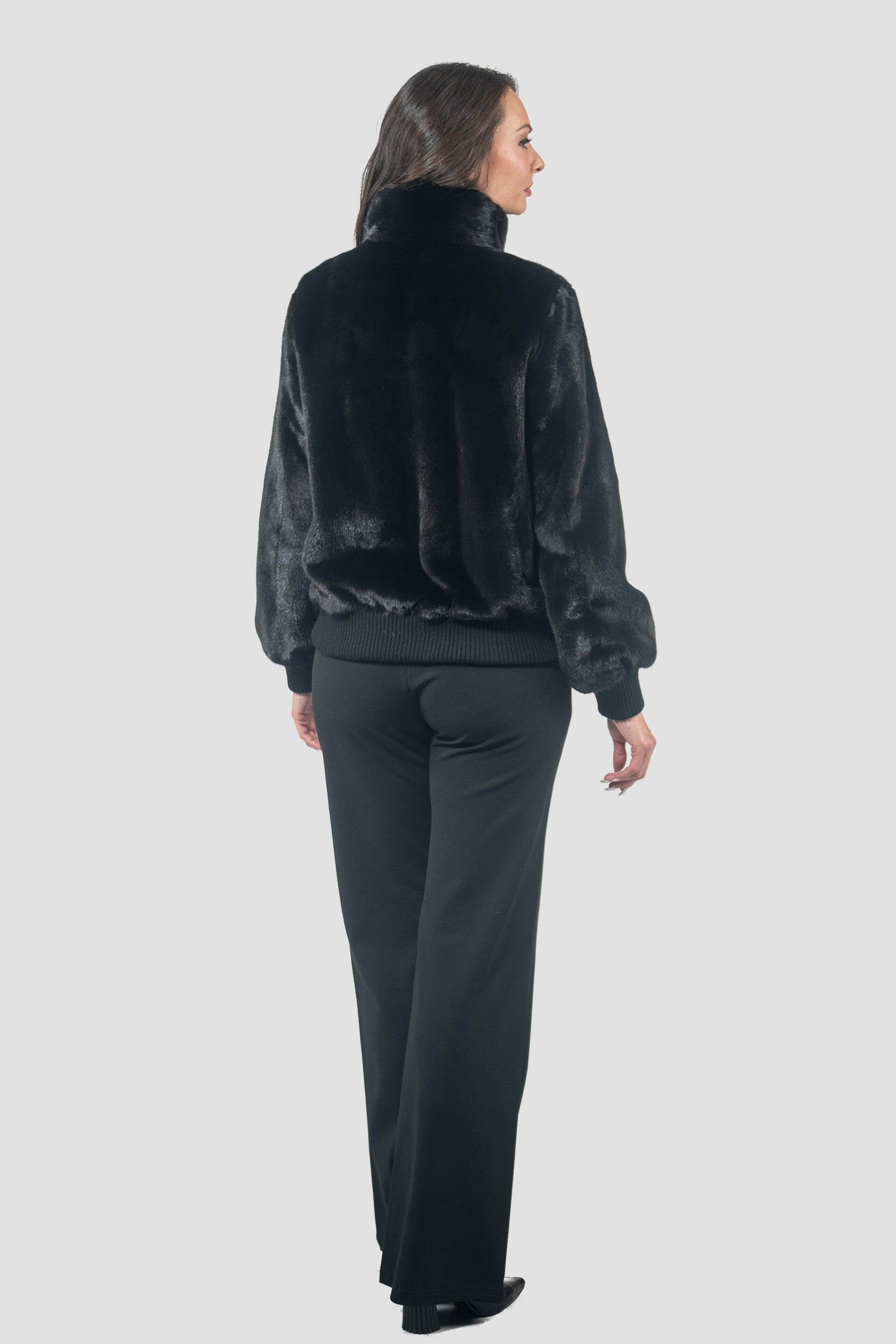 Black Mink Bomber Jacket with Stand Collar L/O13C224