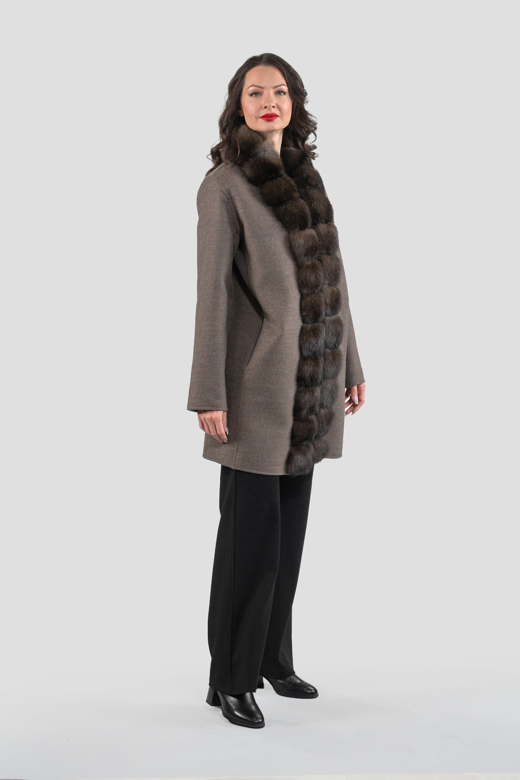 Grey Brown Cashmere Half Coat with Russian Sable Trim 21C6080