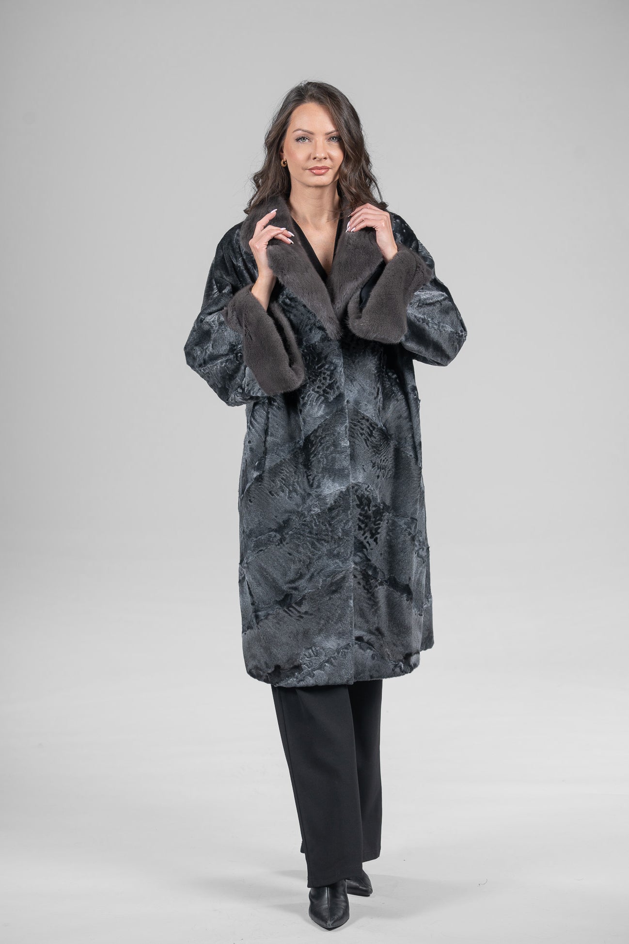 Acciaio Swakara Oversized Half Coat with Titanium Mink Trim A/K13C848gs20v30