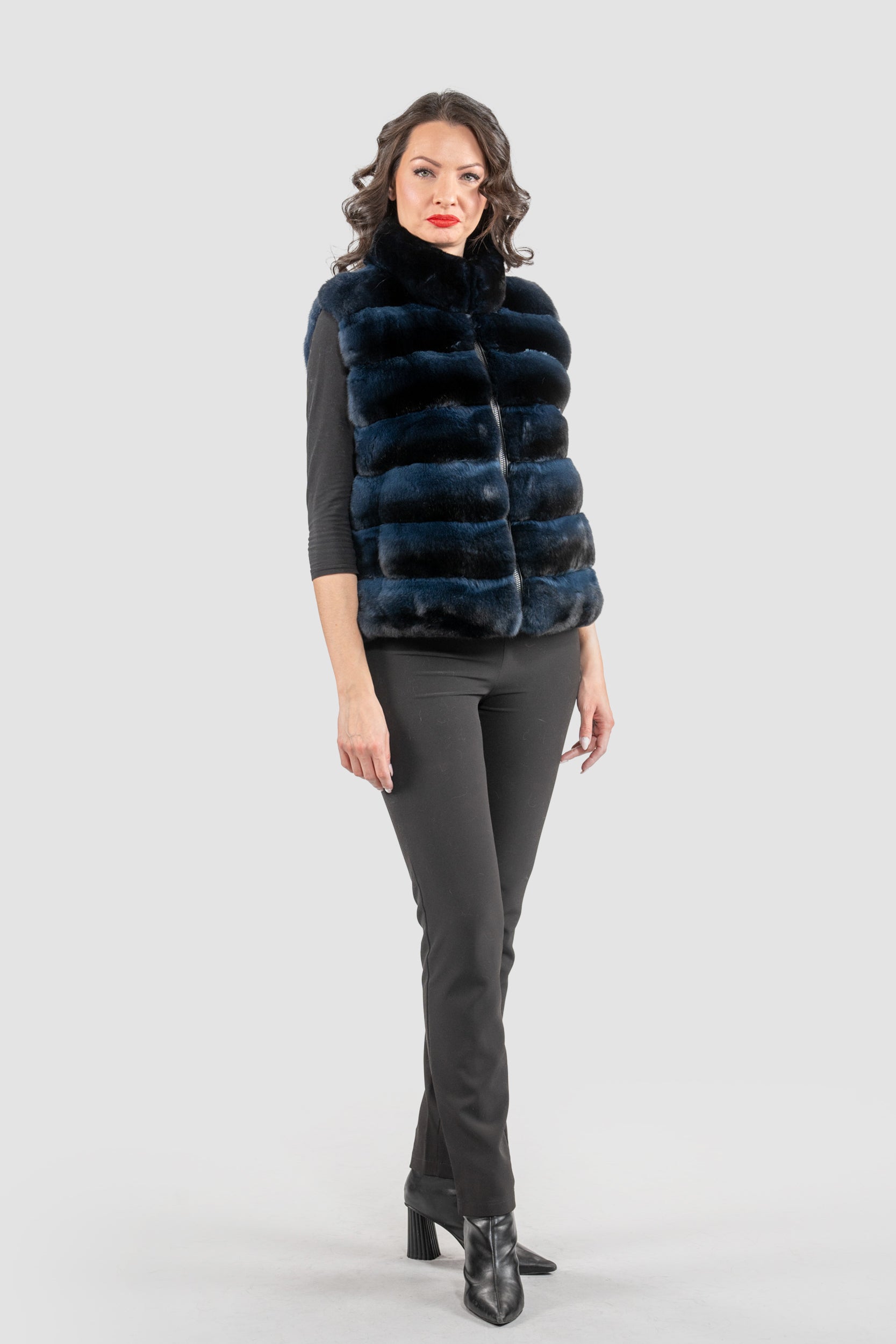 Chinchilla Fur Vest with Stand Collar and Mink Trim in Blue Black P/K2201