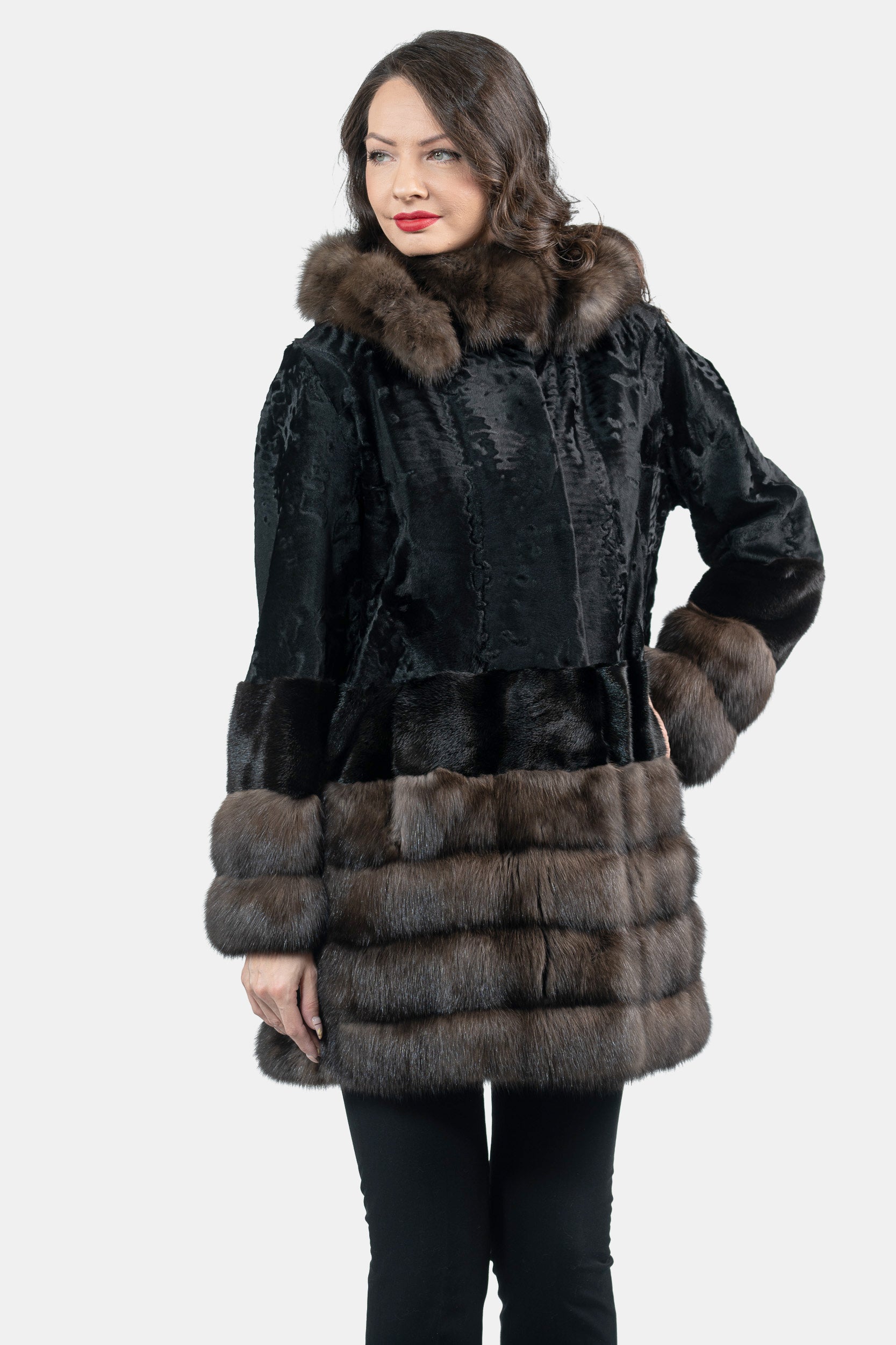 Black Swakara Hooded Half Coat with Mink and Russian Sable Trim S/SR/K4535