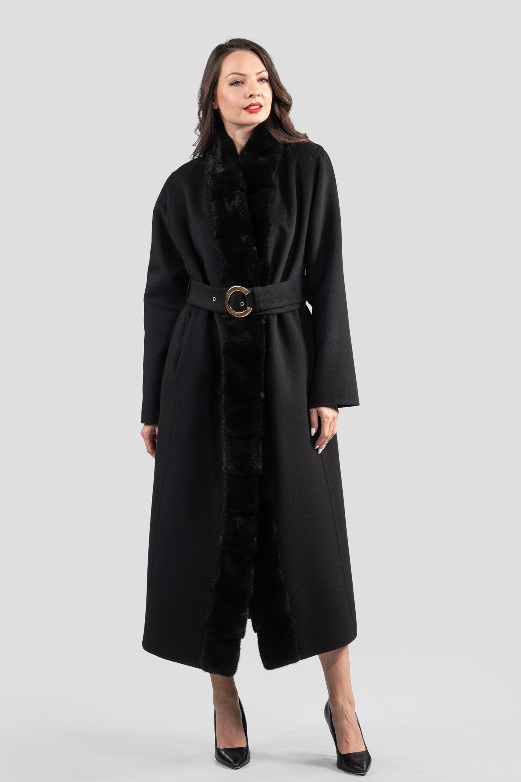 Black Cashmere Coat with Mink Trim 21C6080