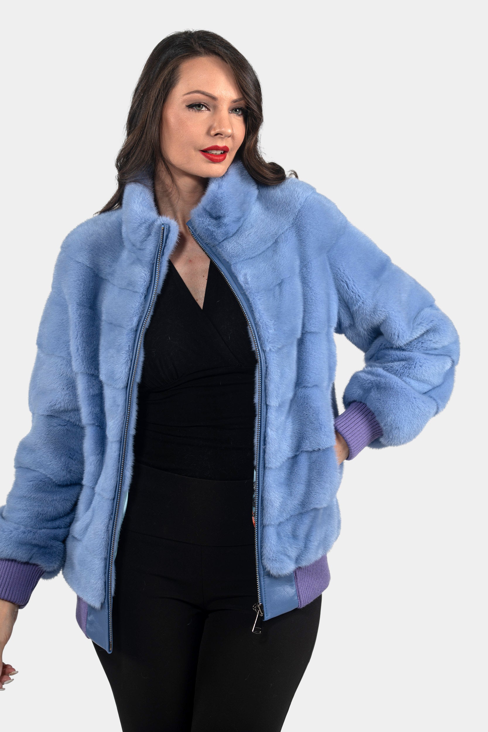 Aqua Marine Mink Bomber Jacket with Stand Collar P/K13C224