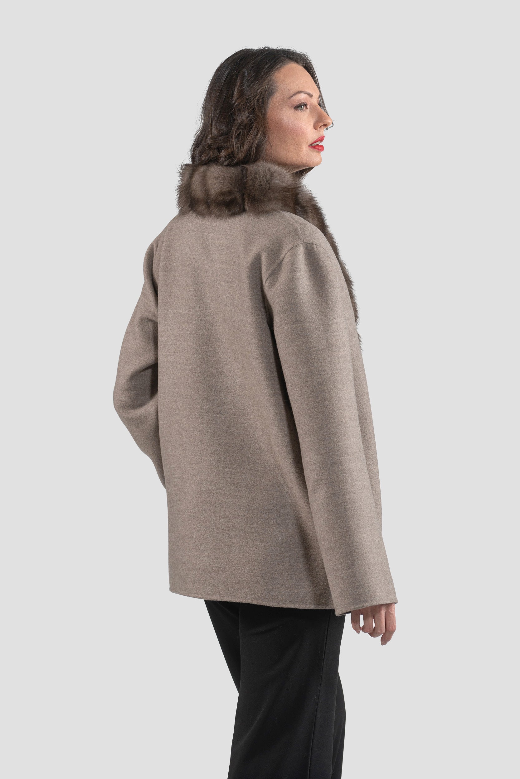 Brown Grey Cashmere Jacket with Russian Sable Trim 21C6080