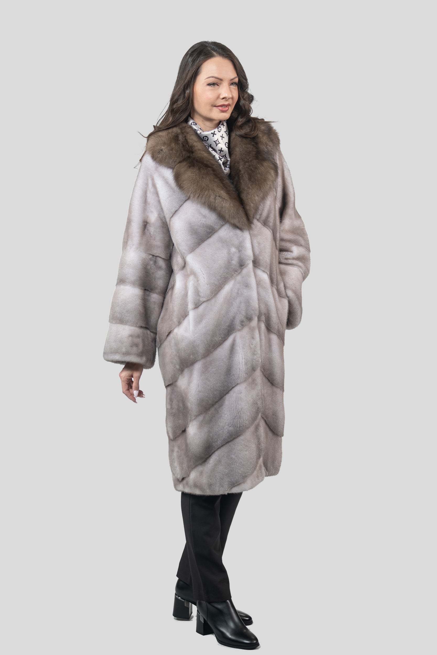 Silver Blue Mink Coat with Russian Sable Trimmed Notch Collar A/K13C848GS20