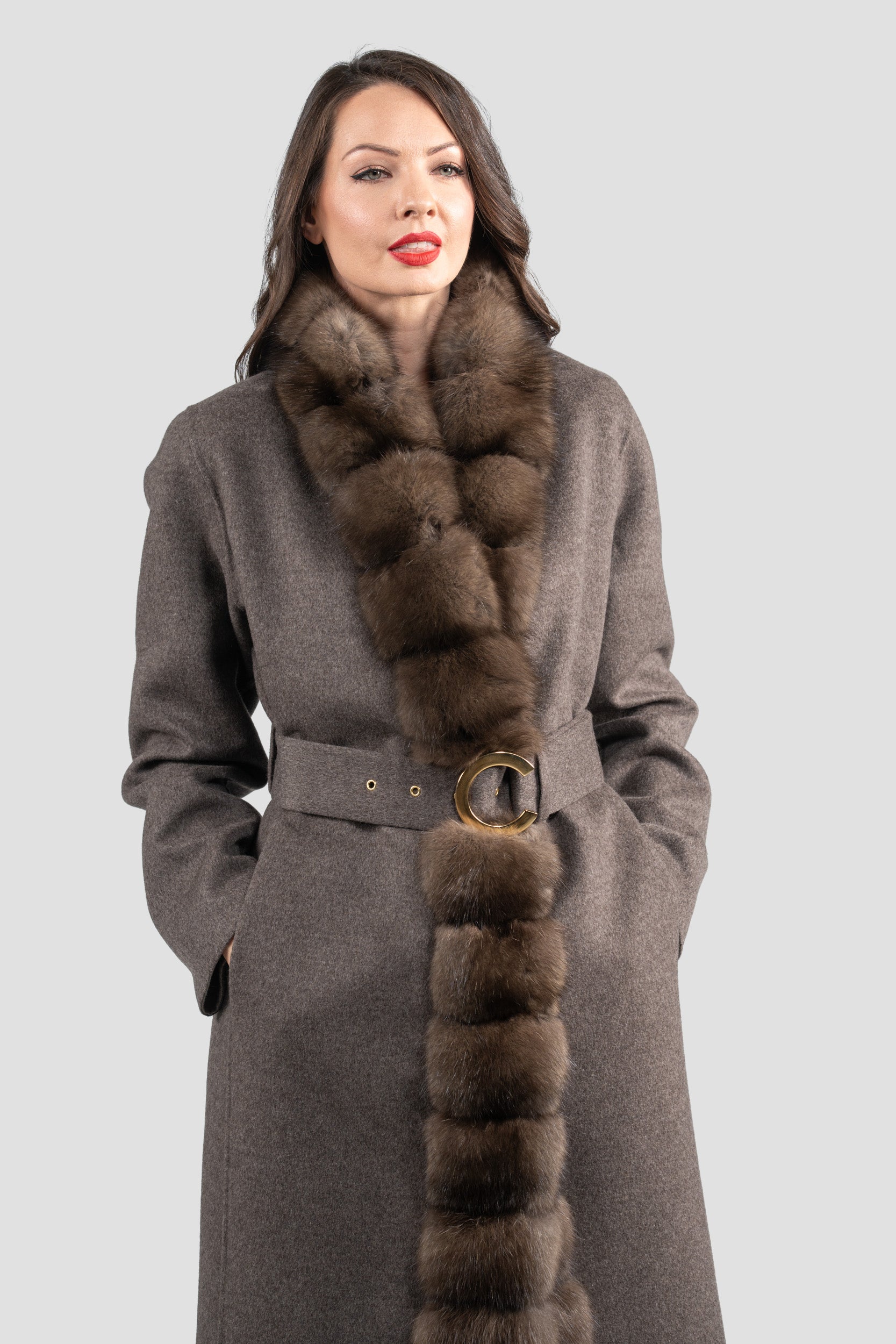 Brown Grey Cashmere Coat with Russian Sable Trim 21C6080