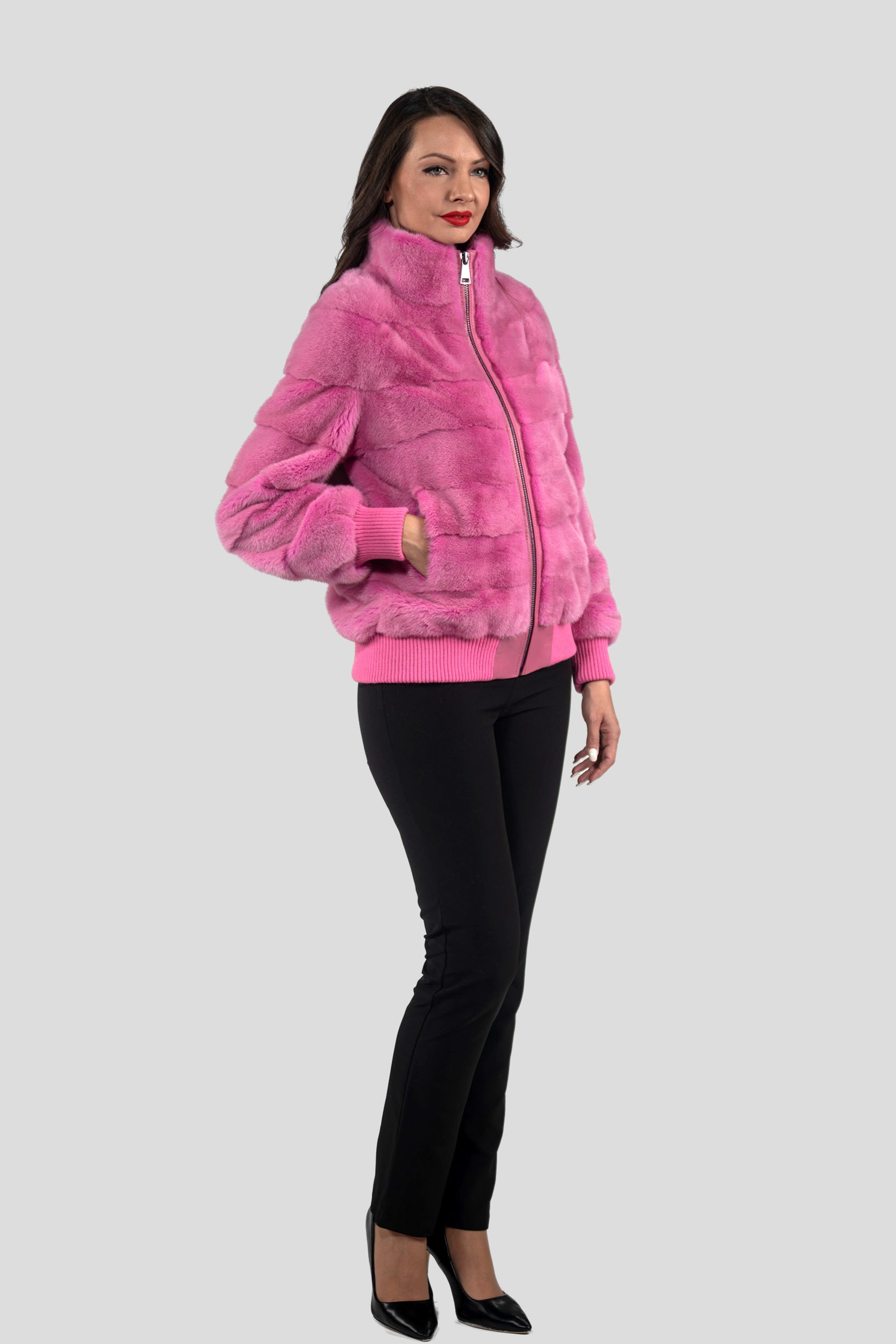 Fuchsia Mink Bomber Jacket with Stand Collar P/K13C224