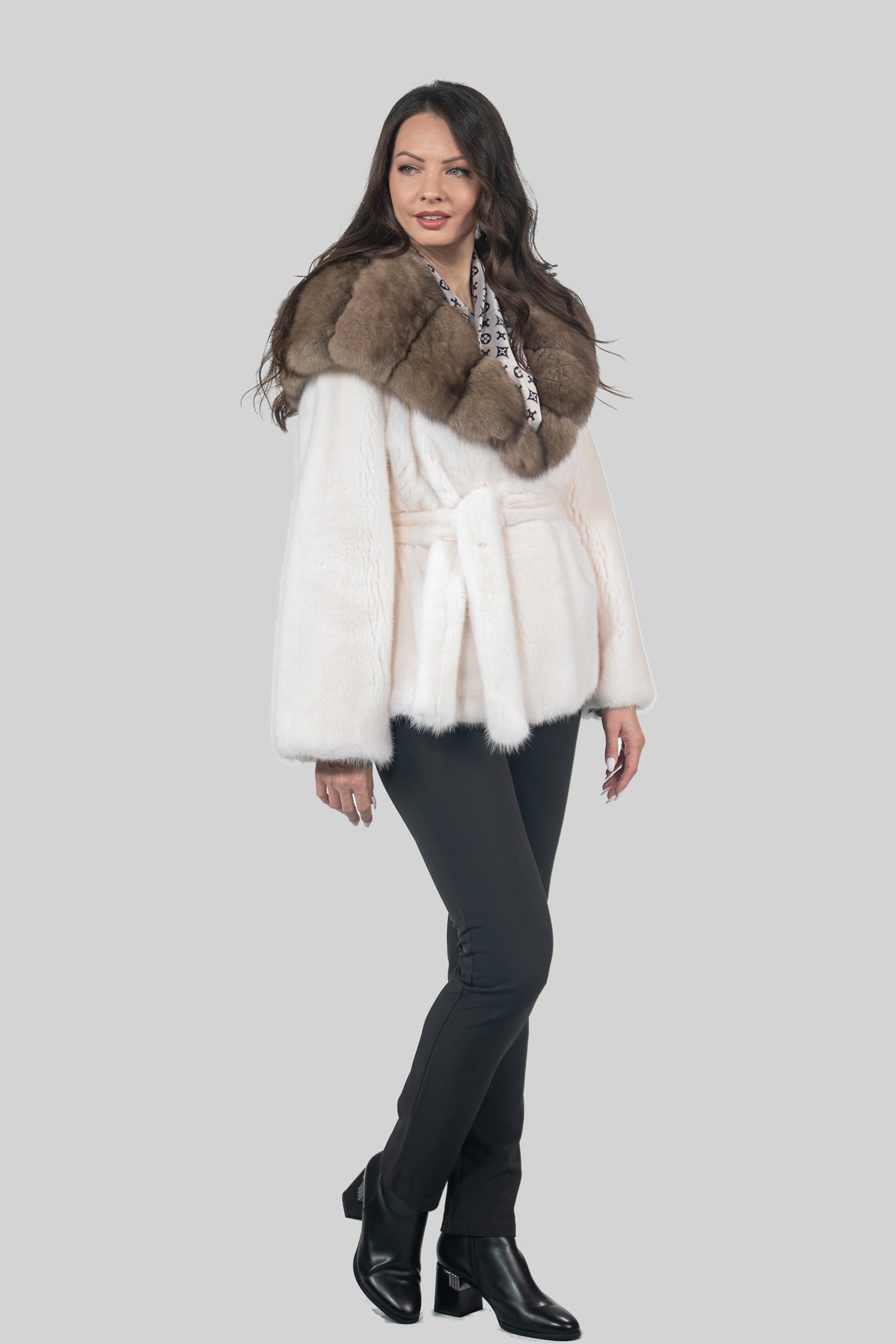 Pearl Mink Half Coat With Russian Sable Hood L/O13C978