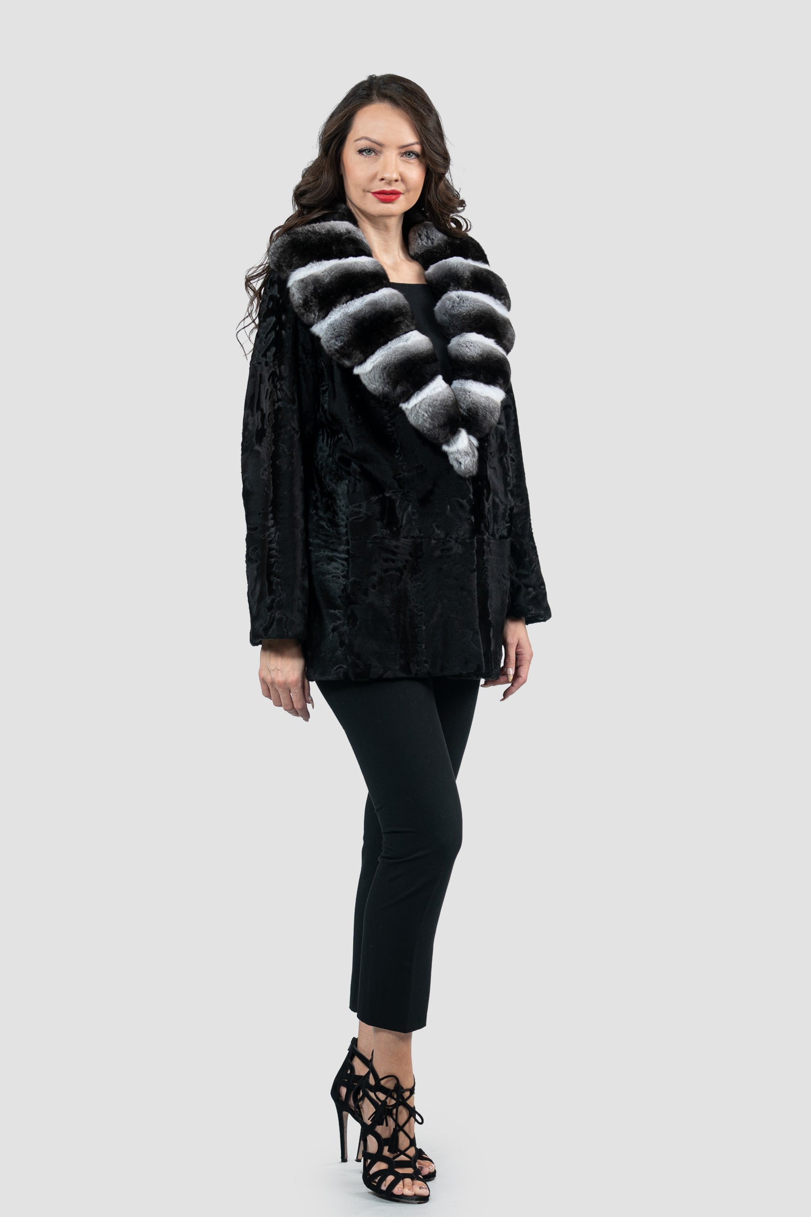 Black Swakara Jacket with Chinchilla Notch Collar S/S21C842