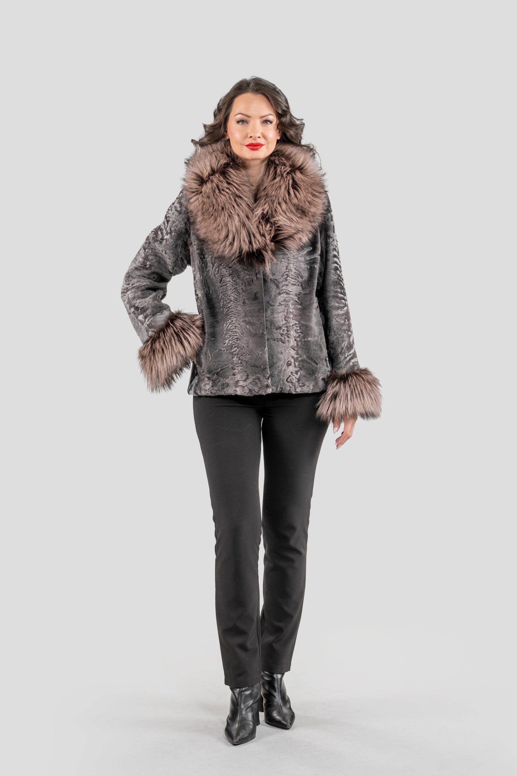 Grey Moon Swakara Jacket with Fox Fur Trim Notch Collar and Cuffs S/S13C528s20