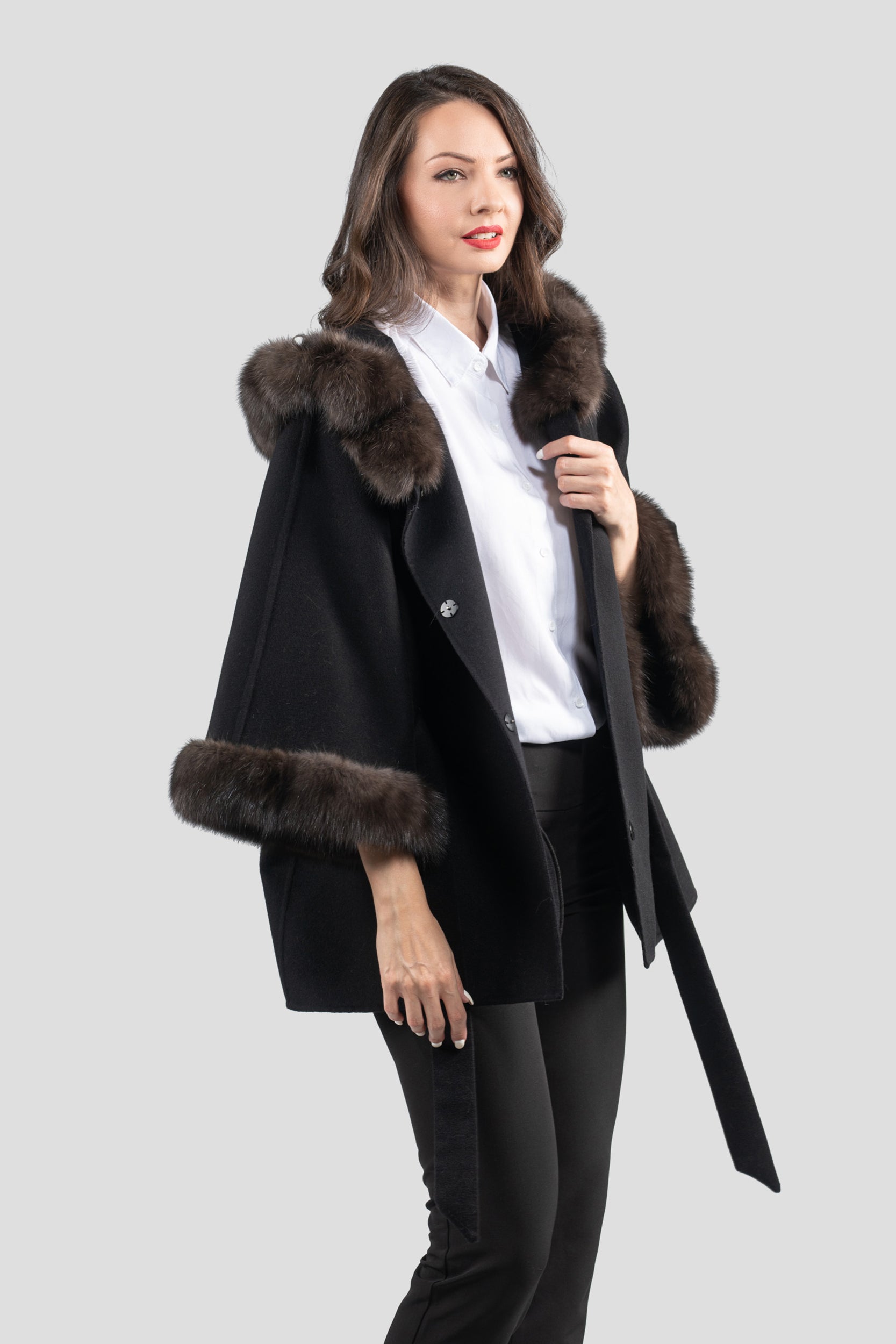 Black Cashmere Hooded Cape with Russian Sable Trim 2005H