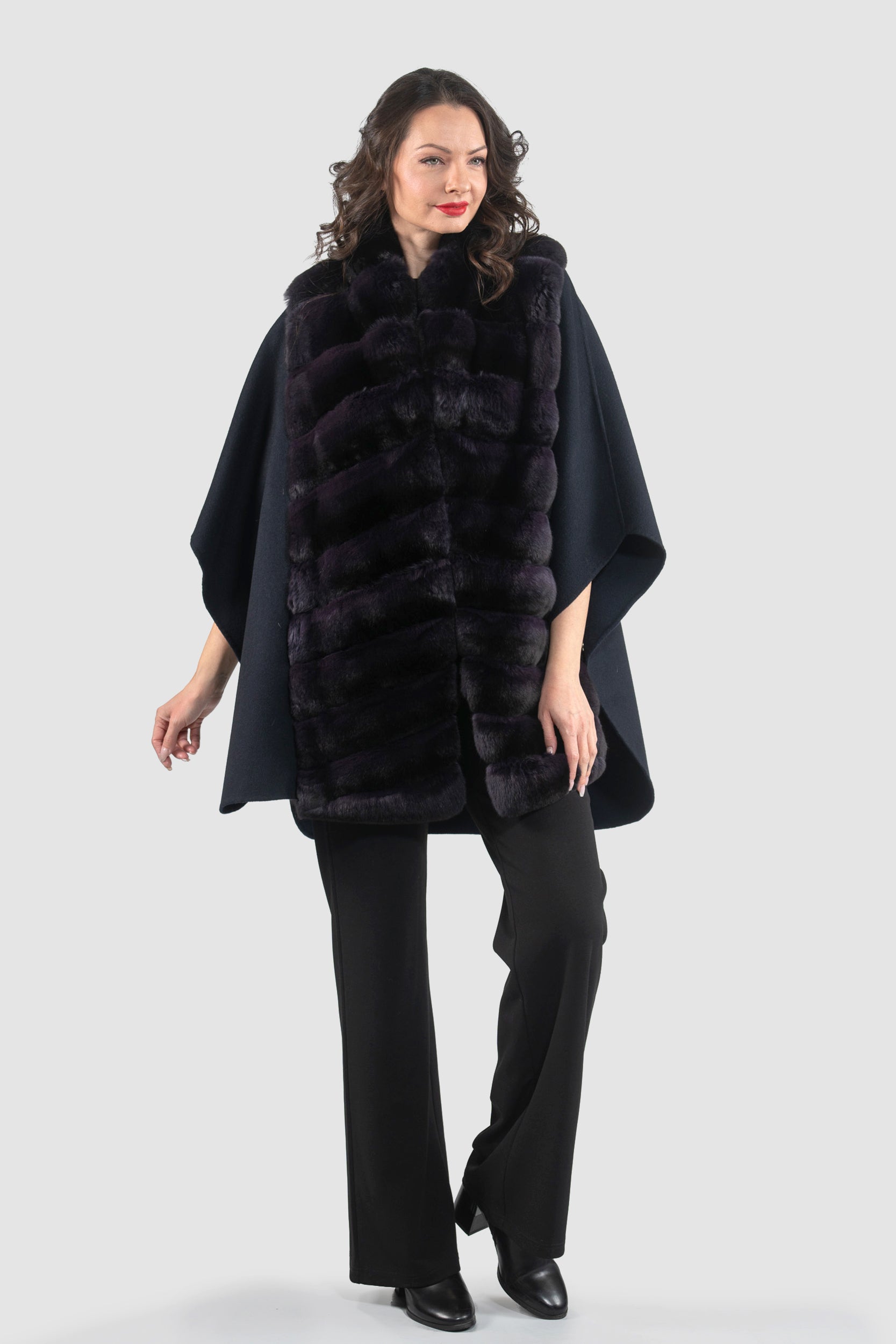 Black Cashmere Cape with Aubergine Chinchilla Trim 18M950