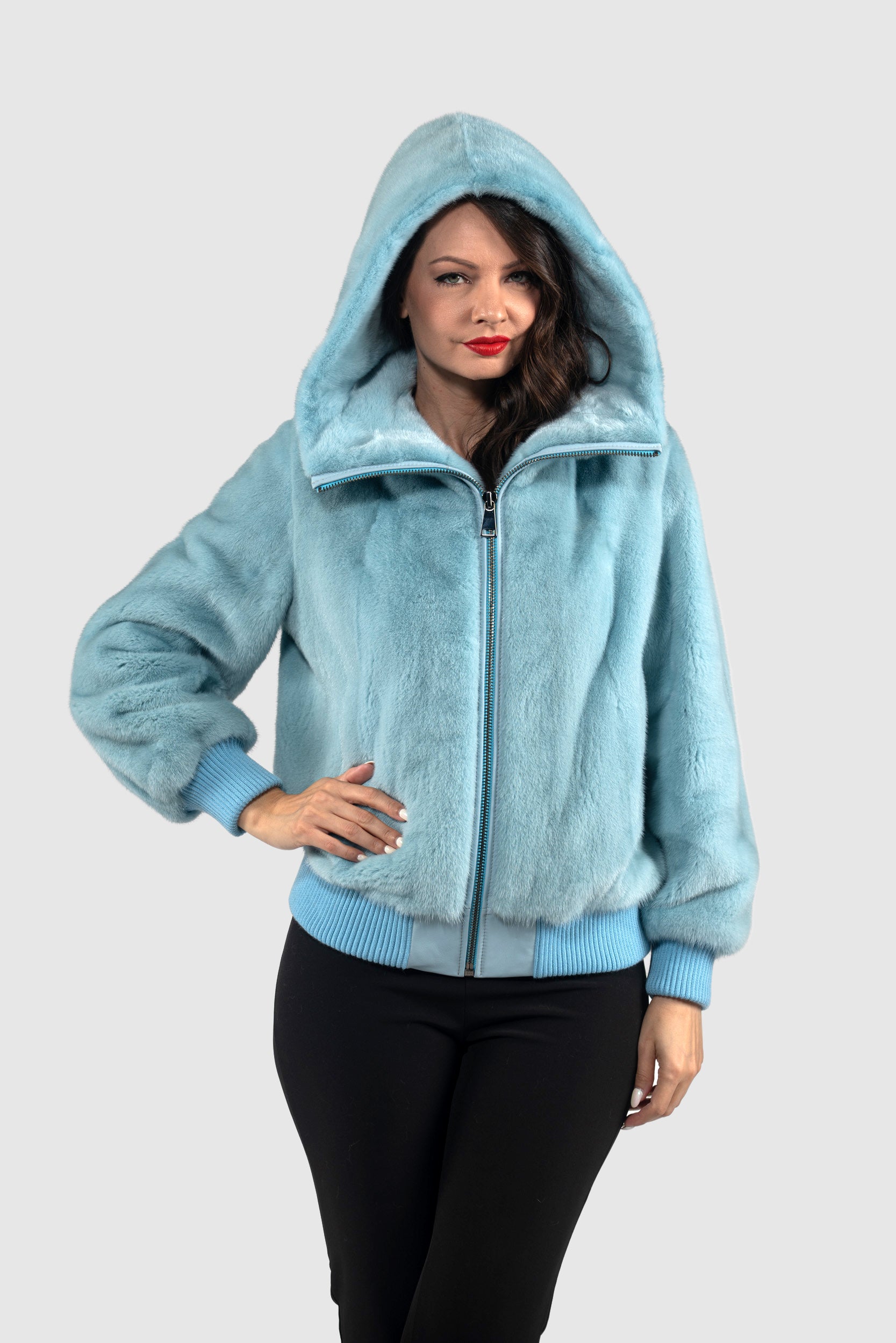 Mint Mink Bomber Jacket with Hood L/O13C224H