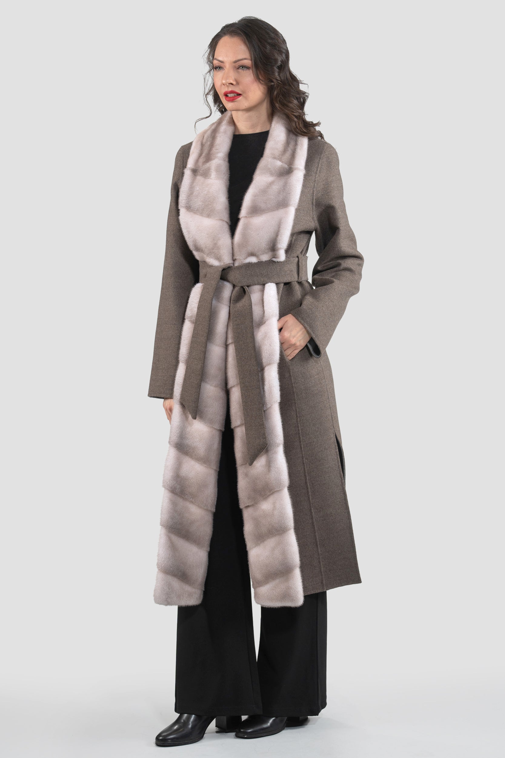 Brown Grey Cashmere Coat with Mink Trim 3321