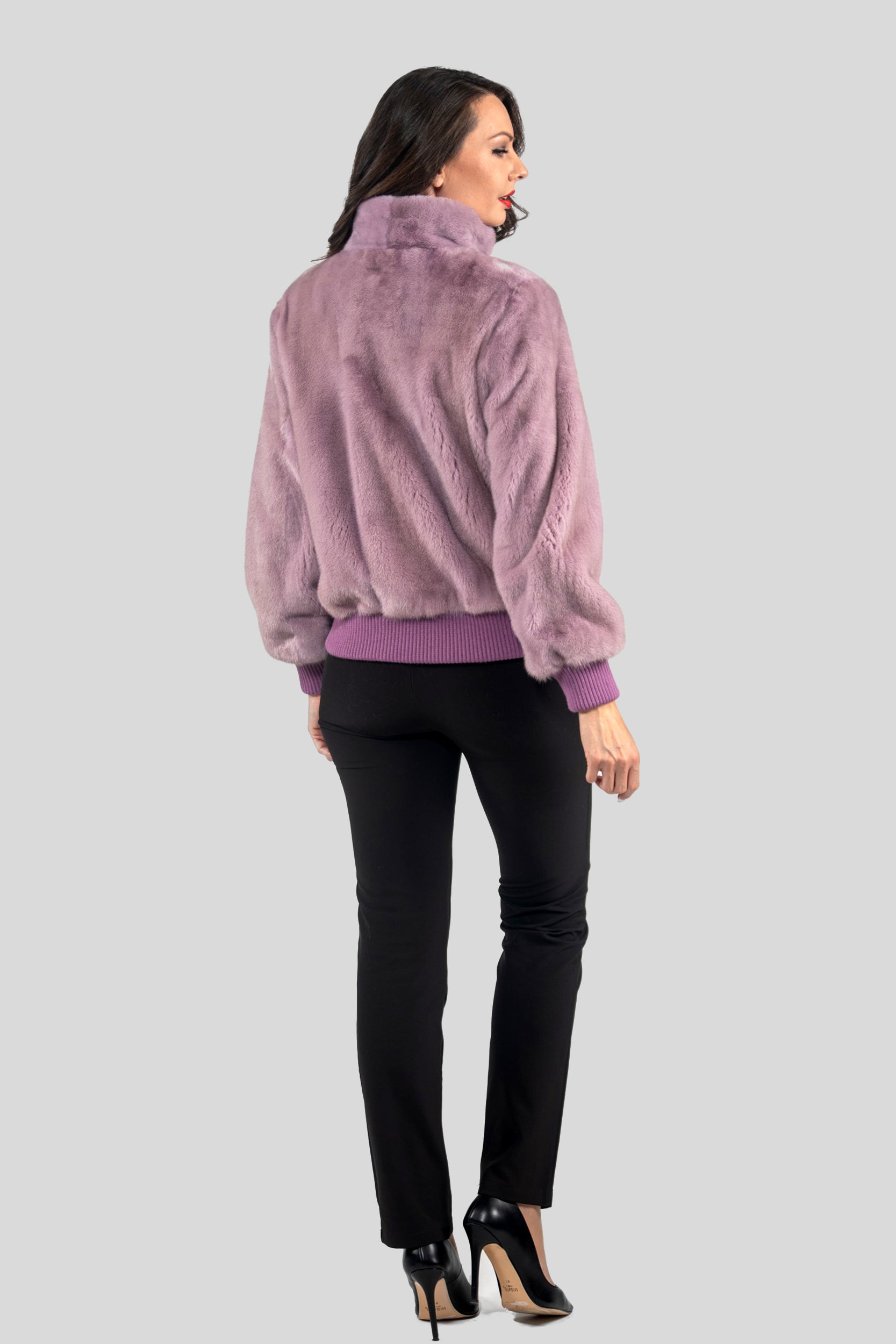 Dark Violet Mink Bomber Jacket with Stand Collar L/O13C224