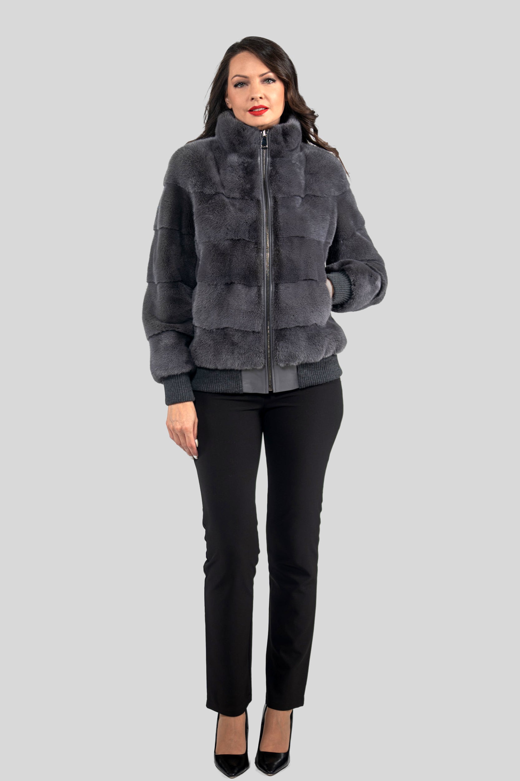 Grey Moon Mink Bomber Jacket with Stand Collar P/K13C224