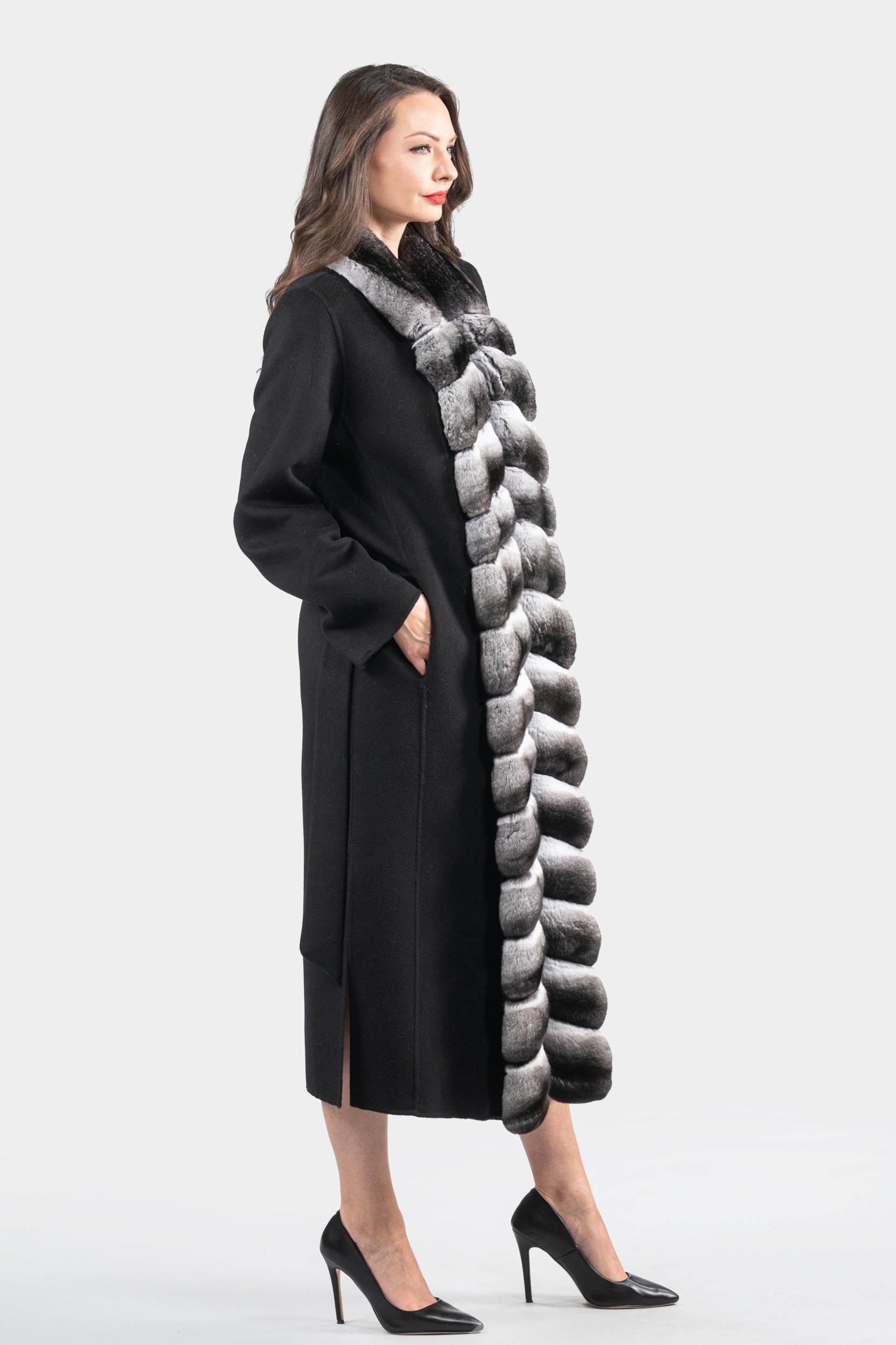Black Cashmere Coat with Chinchilla Trim 21C3321
