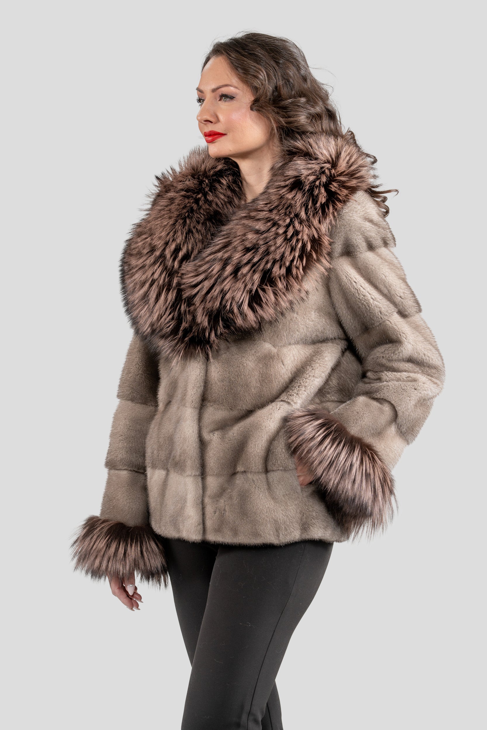 Silver Blue Mink Fur Jacket with Fox Shawl Collar and Cuffs P/K13C528C17