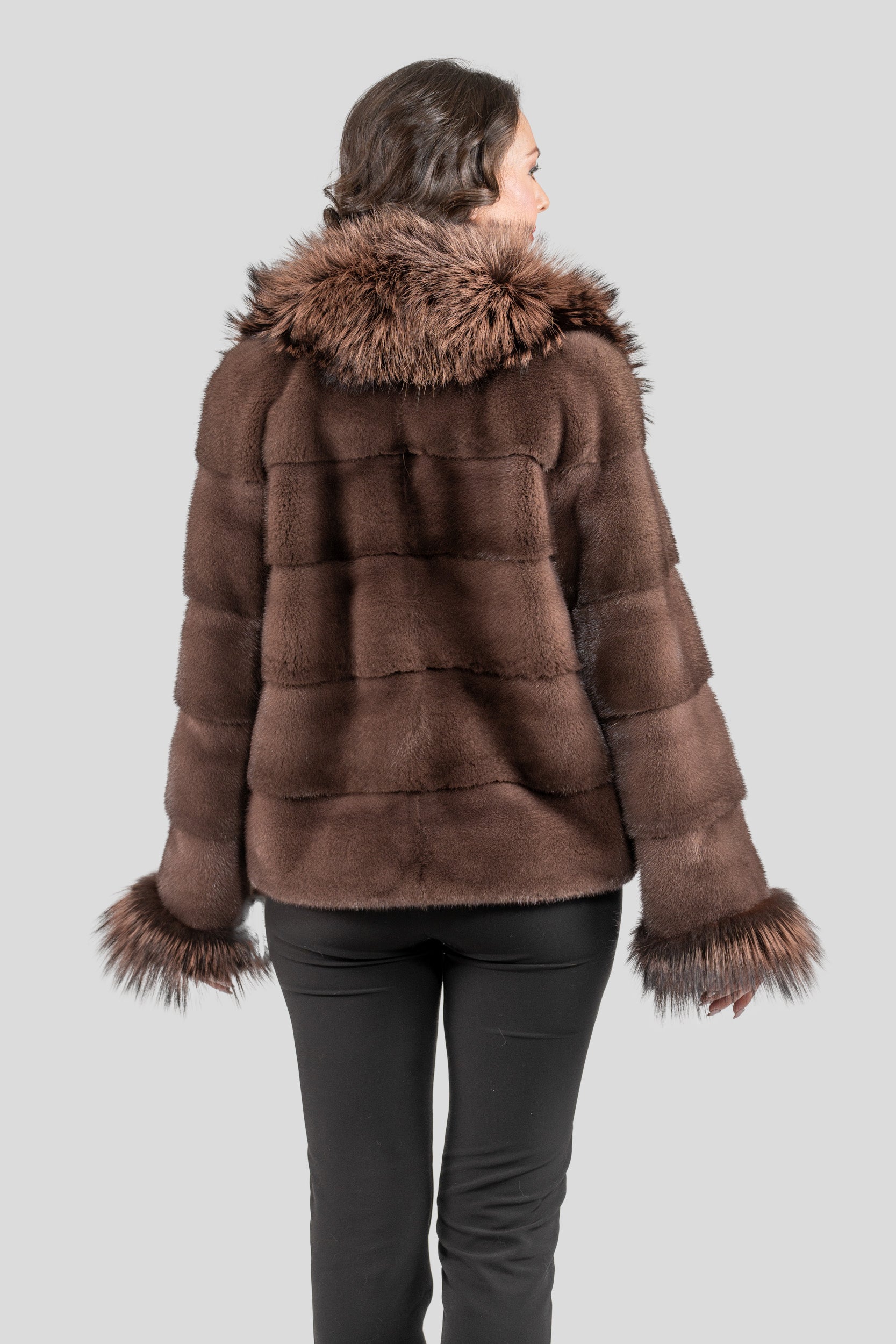 Wood Mink Jacket with Fox Trimmed Shawl Collar P/K13C528C17