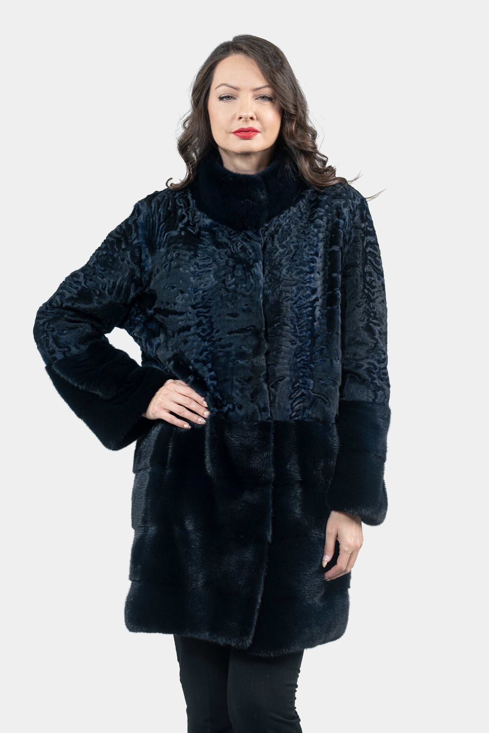 Blue Black Swakara Half Coat with Mink Trim S/SR/K16C733