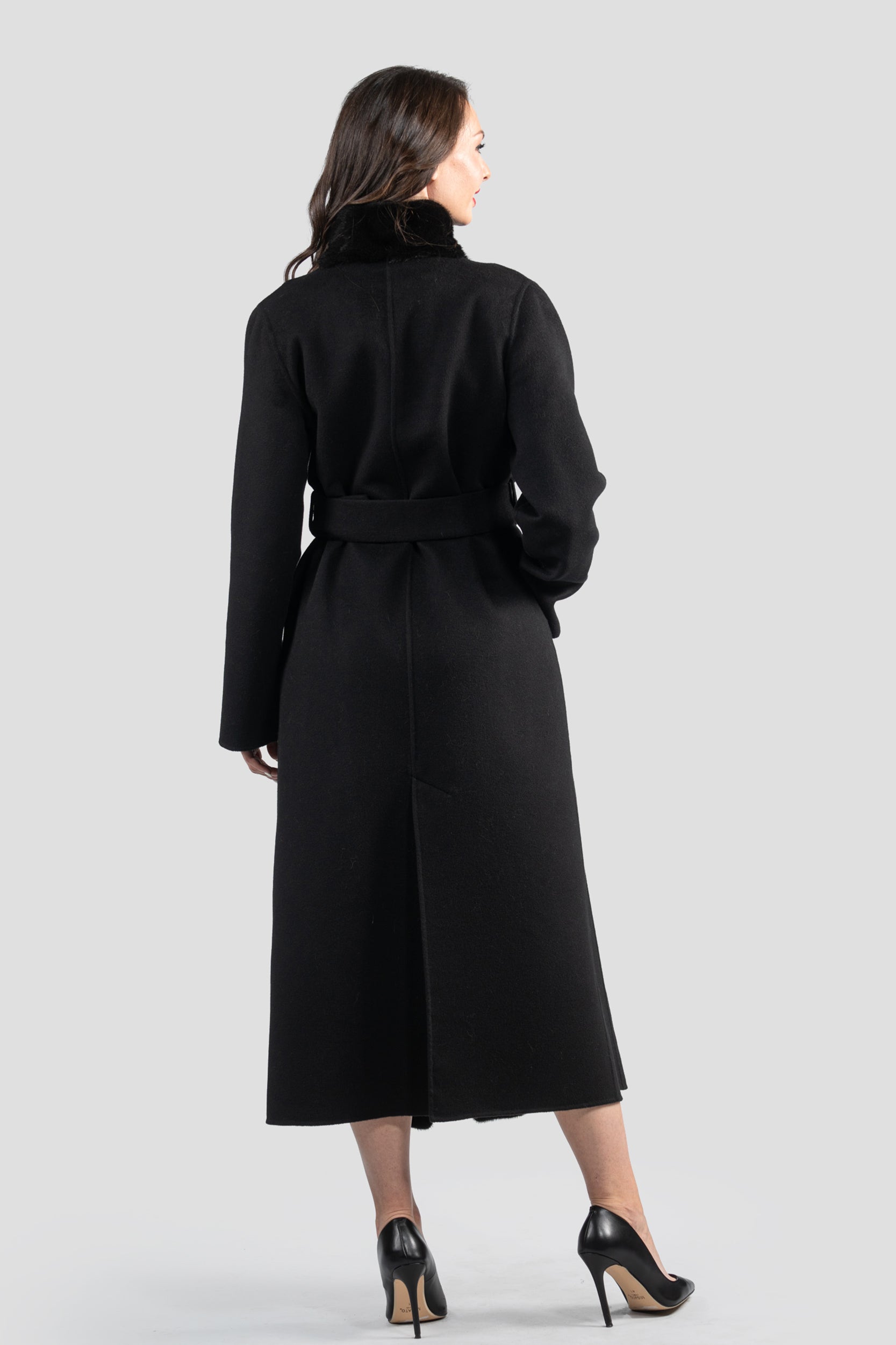 Black Cashmere Coat with Mink Trim 21C6080
