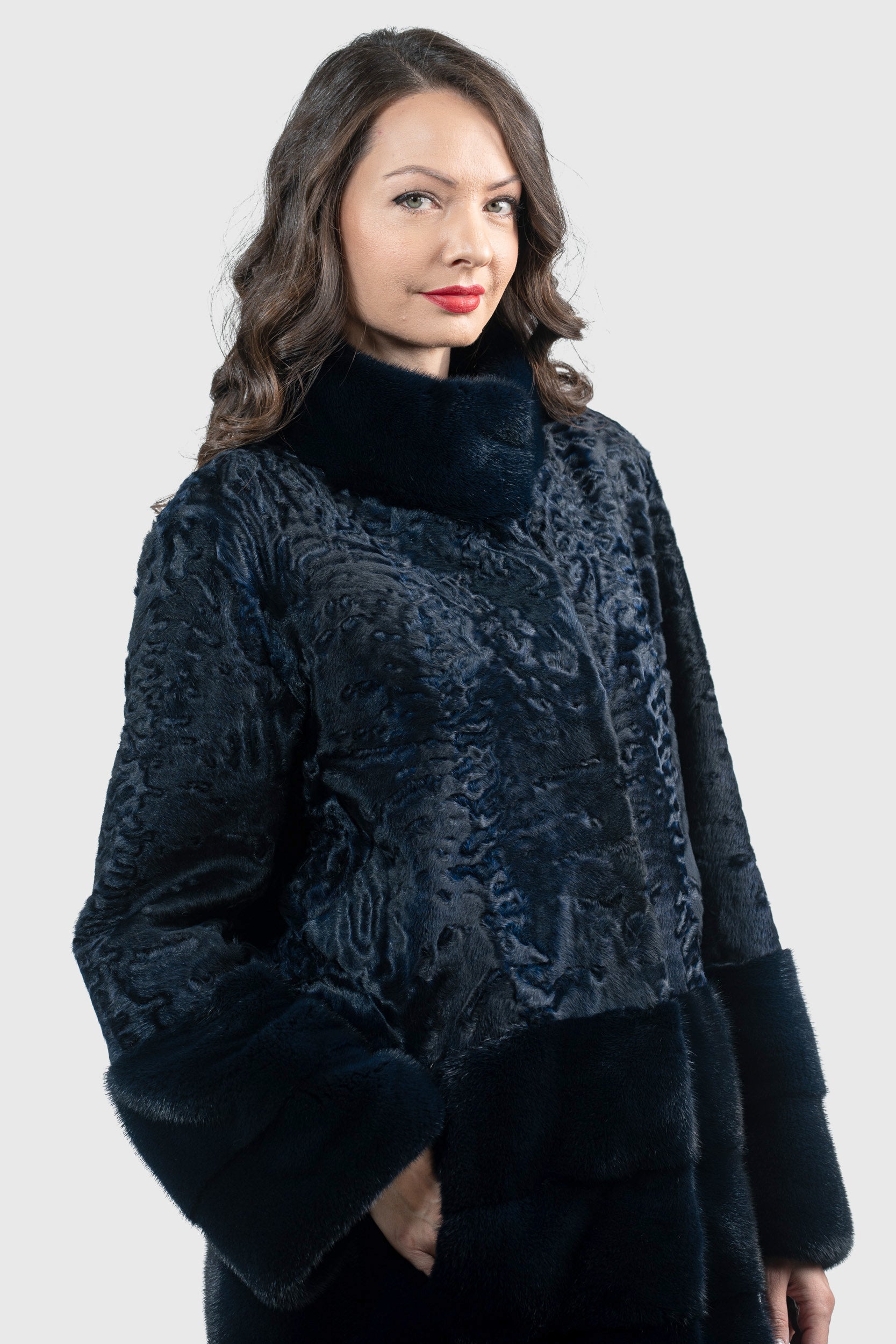 Blue Black Swakara Half Coat with Mink Trim S/SR/K16C733