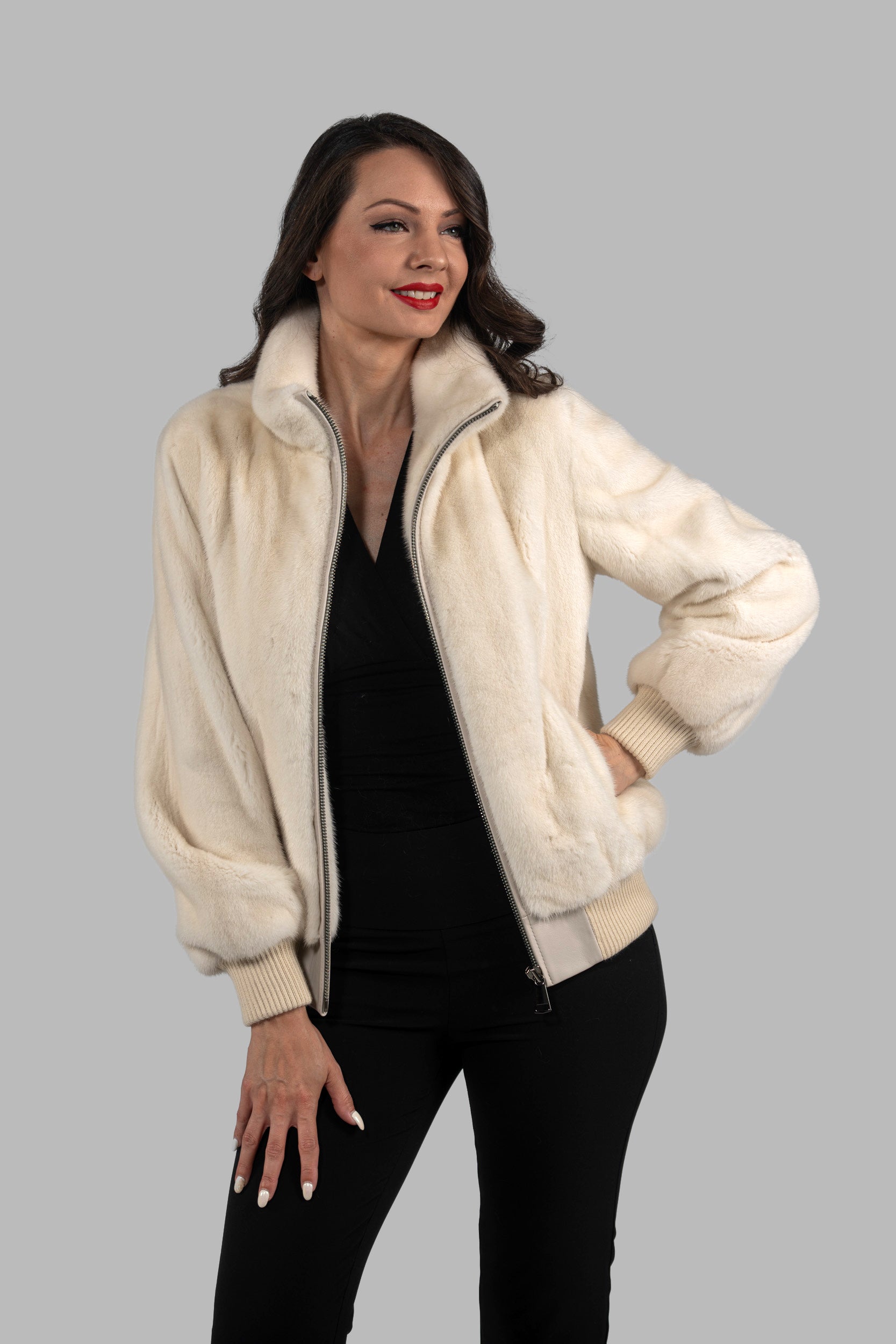 Beige Mink Bomber Jacket with Stand Collar L/O13C224