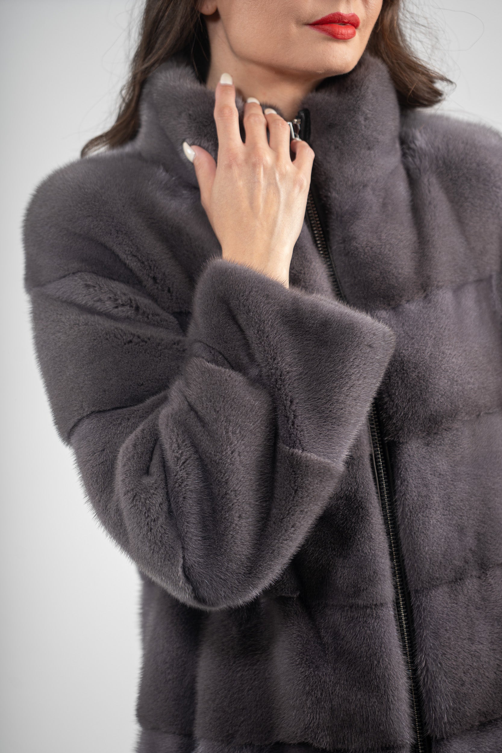 Grey Moon Mink Jacket with Stand Collar and Zipper P/K13C224
