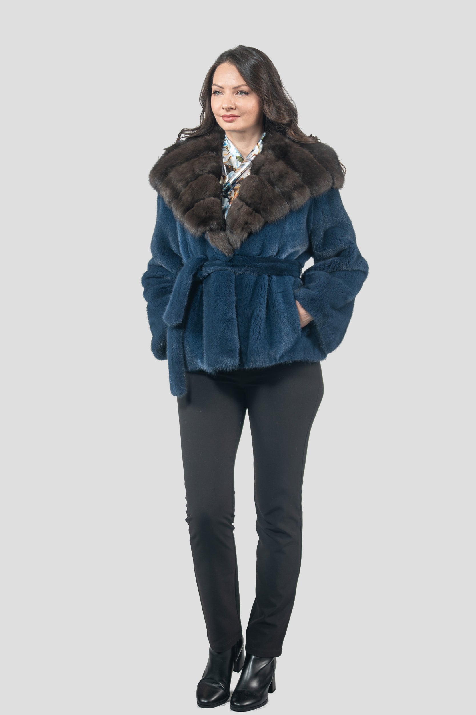Blue Jean Mink Half Coat with Russian Sable Hood L/O13C978