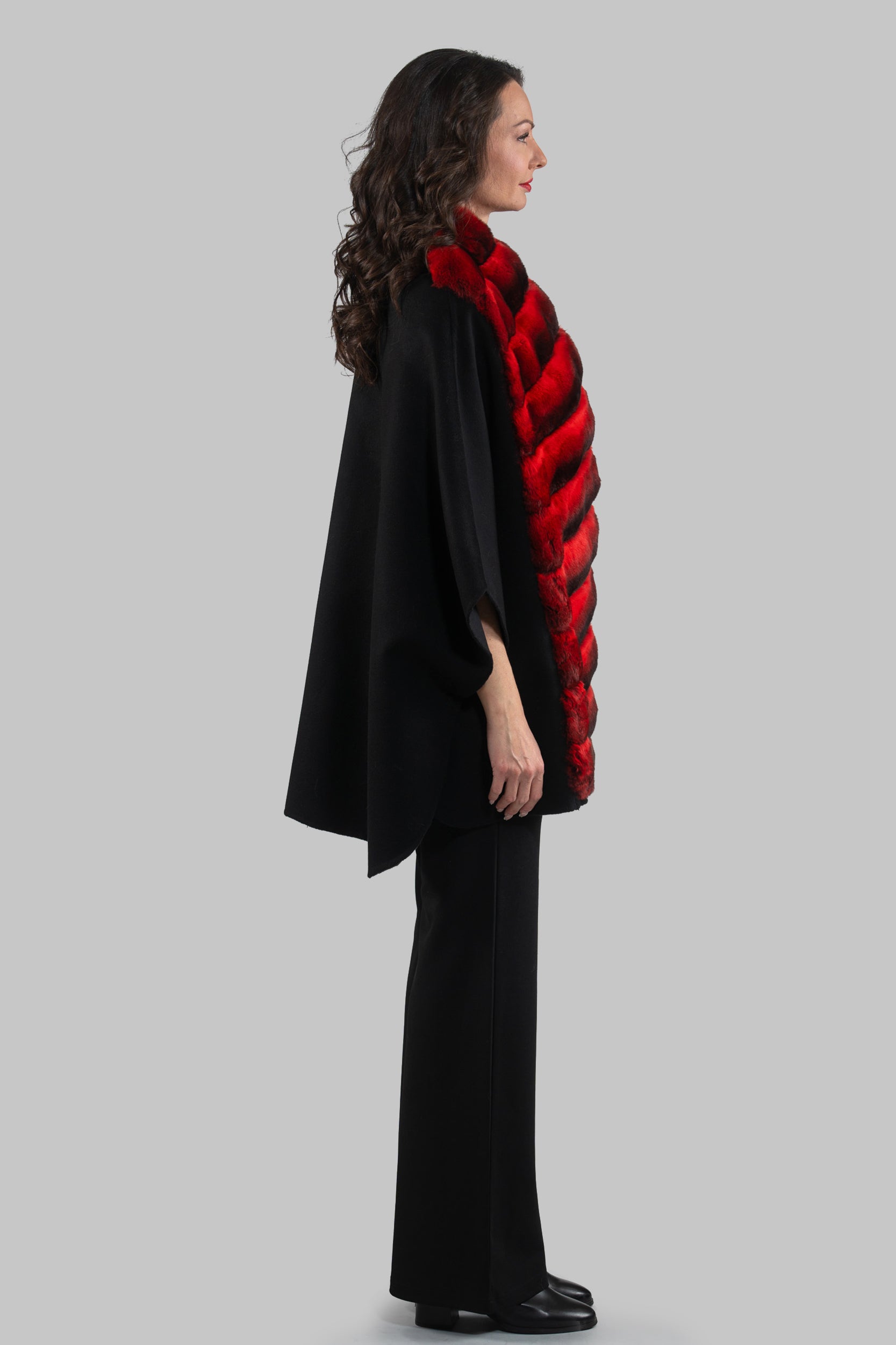 Black Cashmere Cape with Red Chinchilla Trim 18M950