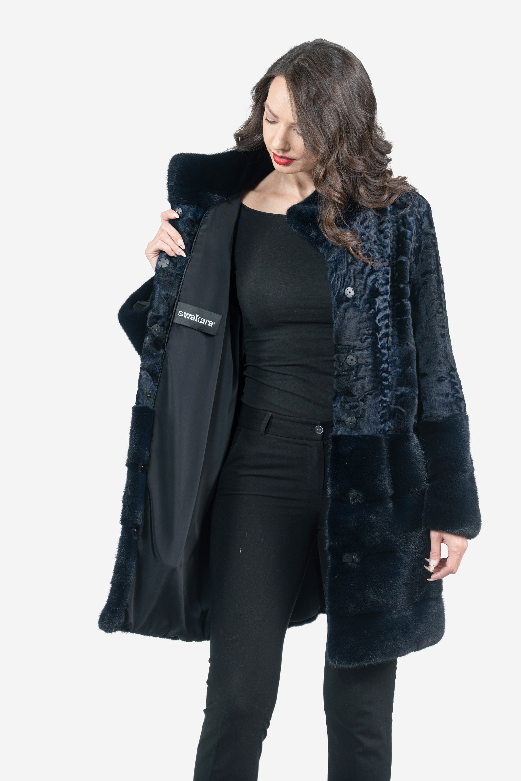 Blue Black Swakara Half Coat with Mink Trim S/SR/K16C733