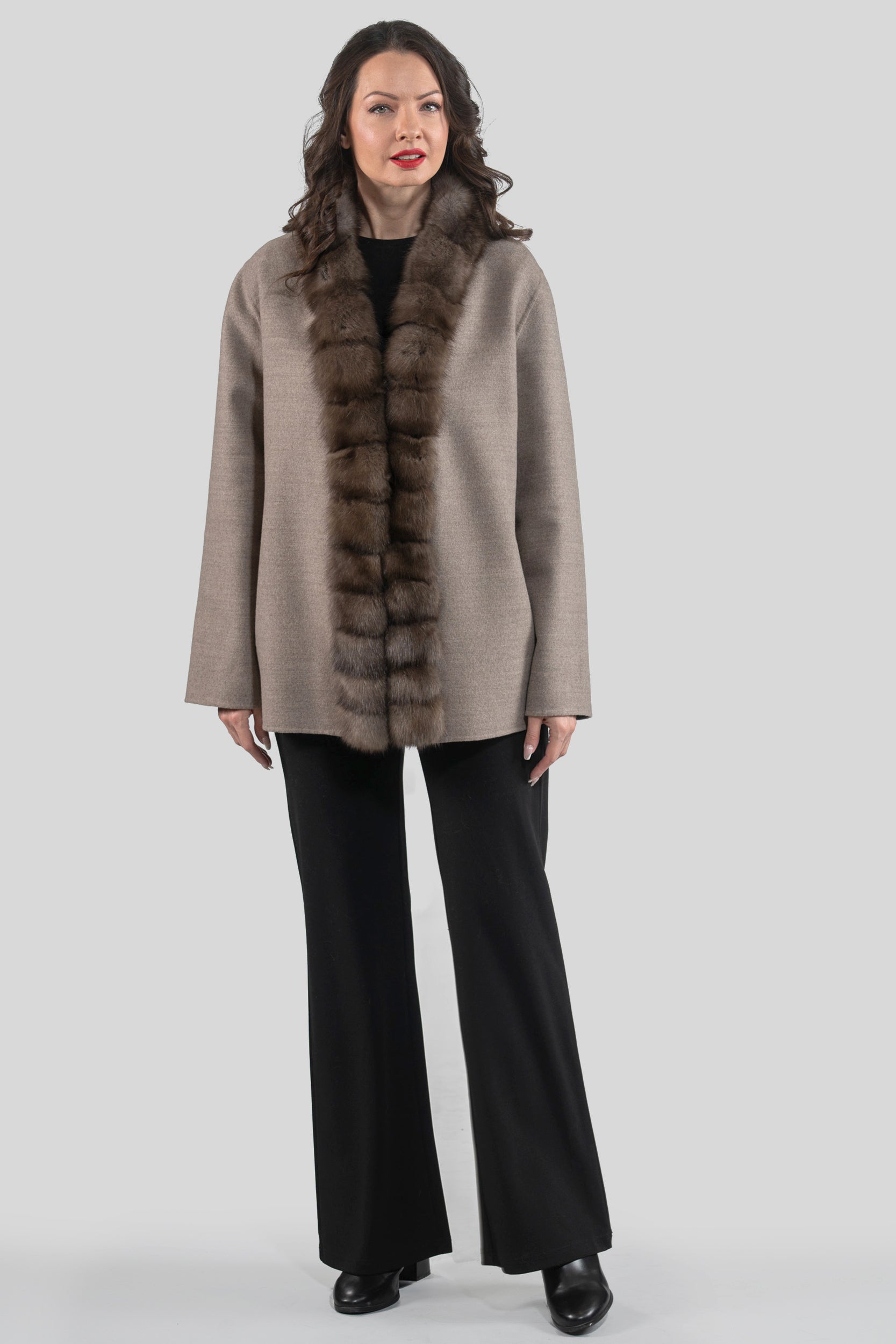 Brown Grey Cashmere Jacket with Russian Sable Trim 21C6080