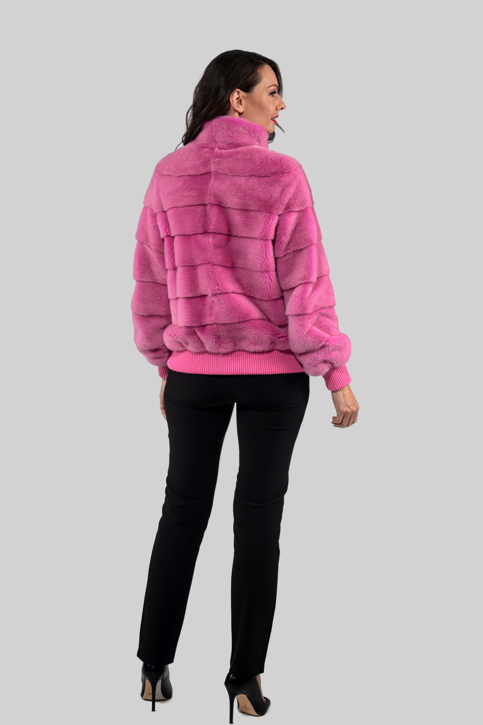 Fuchsia Mink Bomber Jacket with Stand Collar P/K13C224
