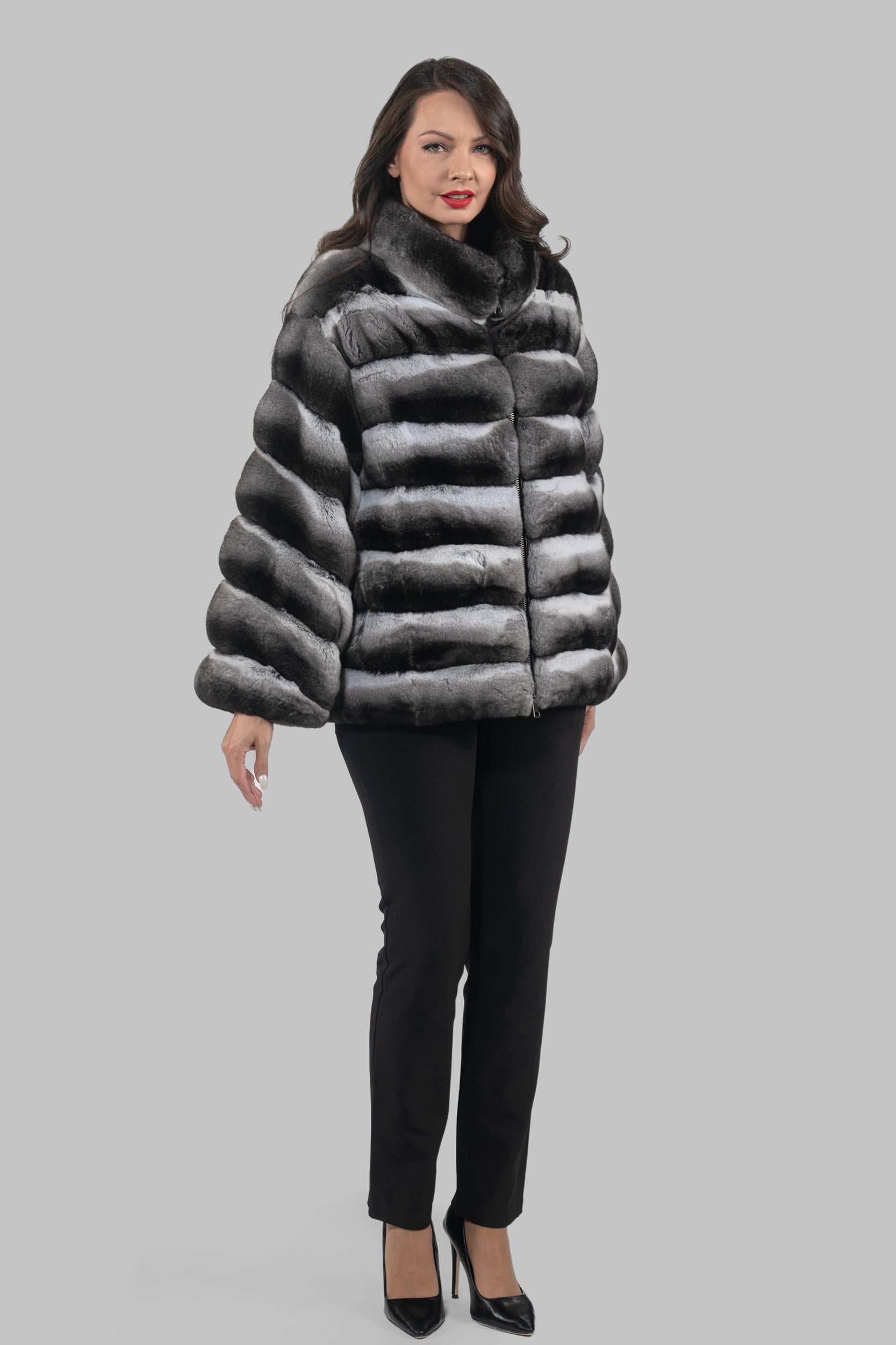 Chinchilla Jacket with Stand Collar and Zipper P/K13C137