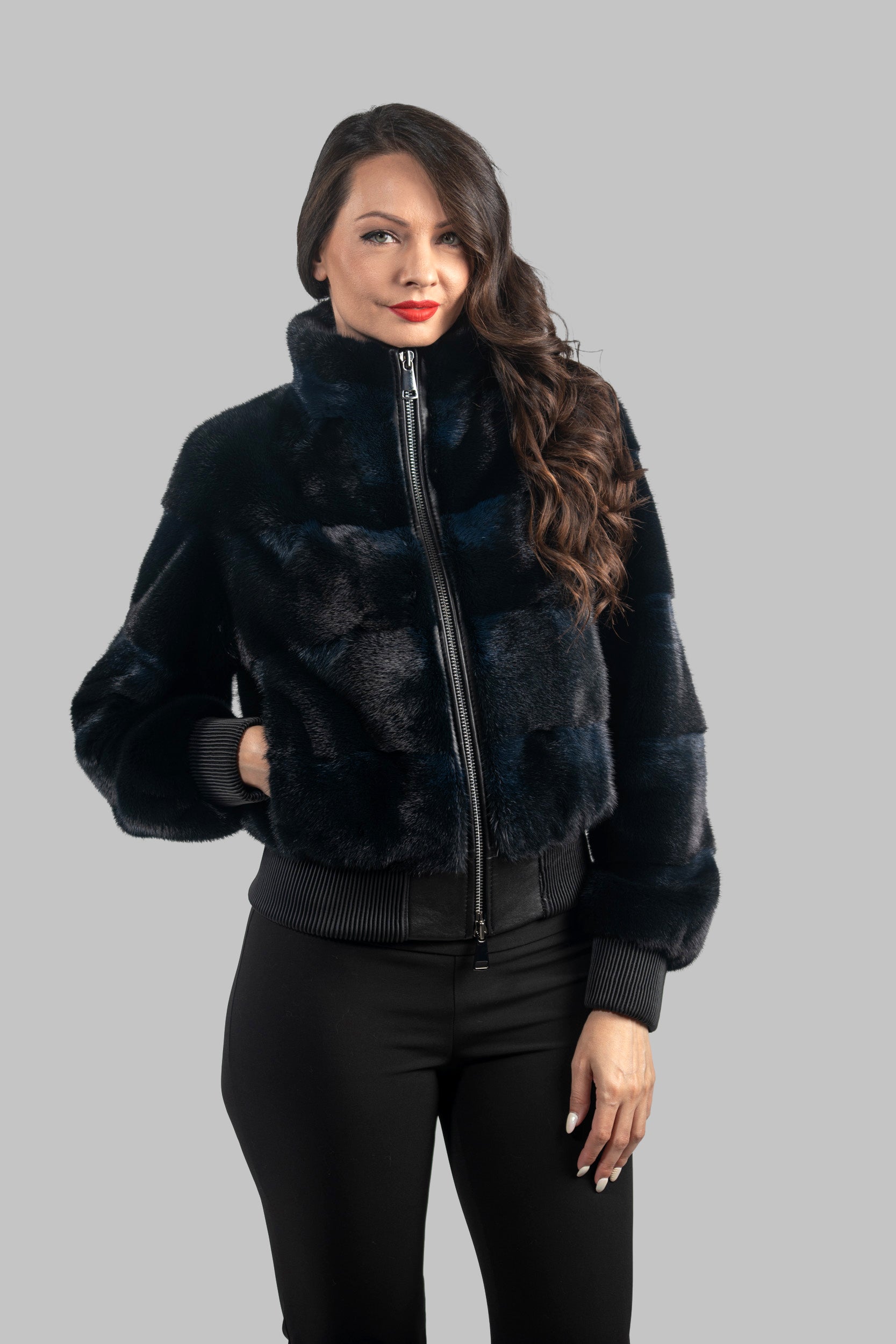 Blue Black Mink Bomber Jacket with Stand Collar P/K13C224