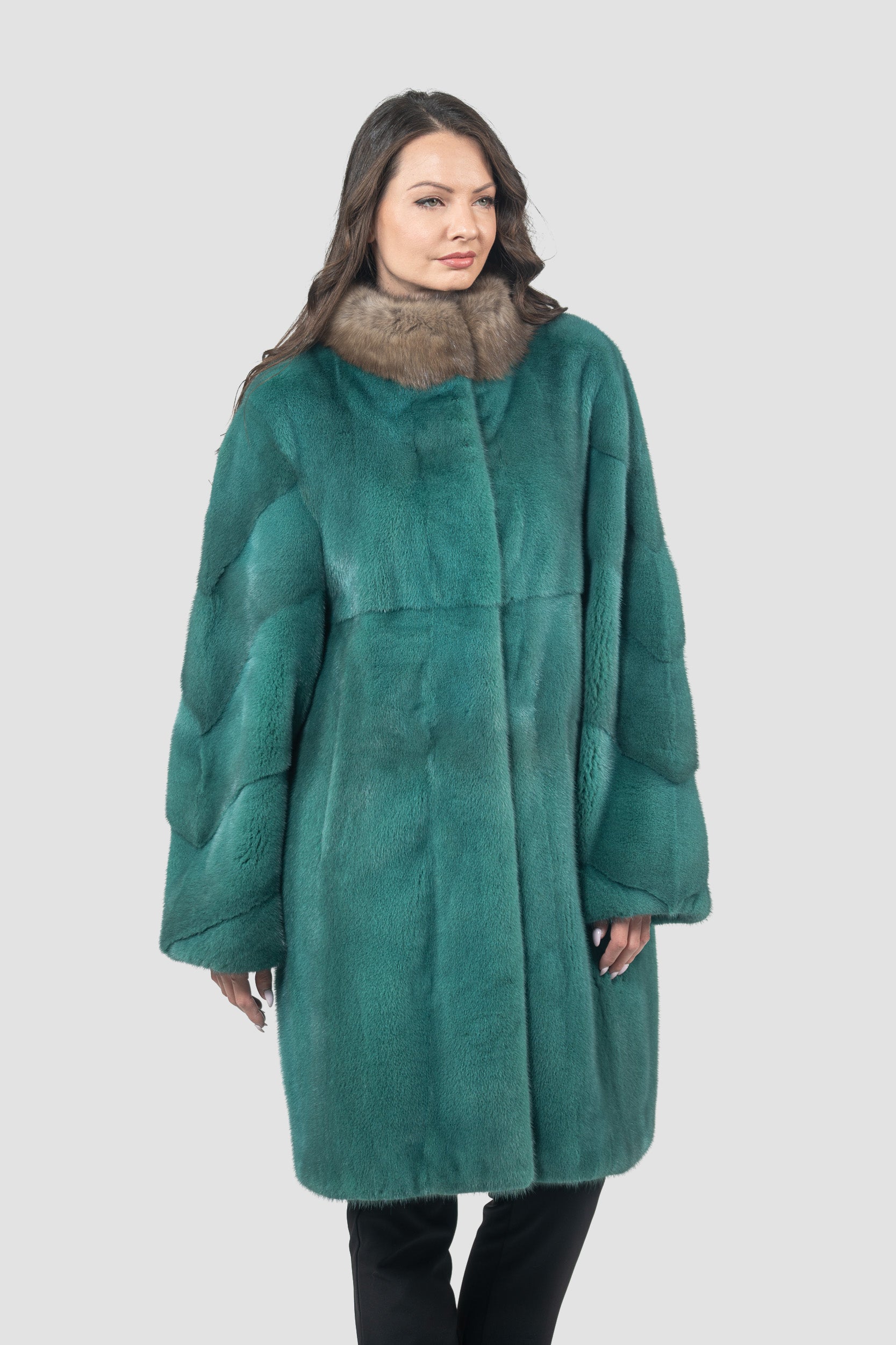 Green Mink Half Coat with Russian Sable-Trimmed Stand Collar CLER
