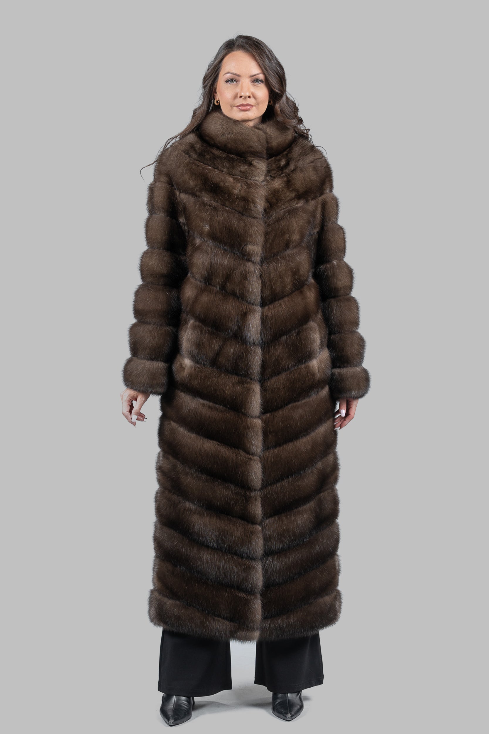 Graphite Sable Long Coat with Stand Collar V/K13C530