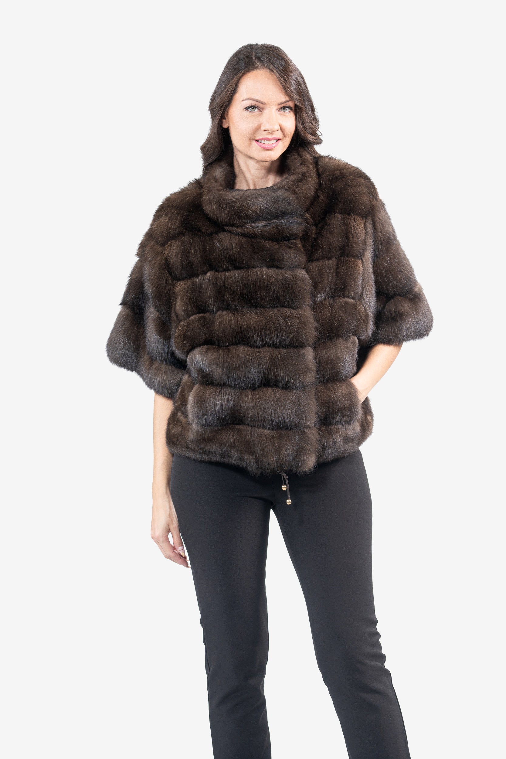 Dark Russian Sable Jacket with Stand Collar and Short Sleeves P/K13C139