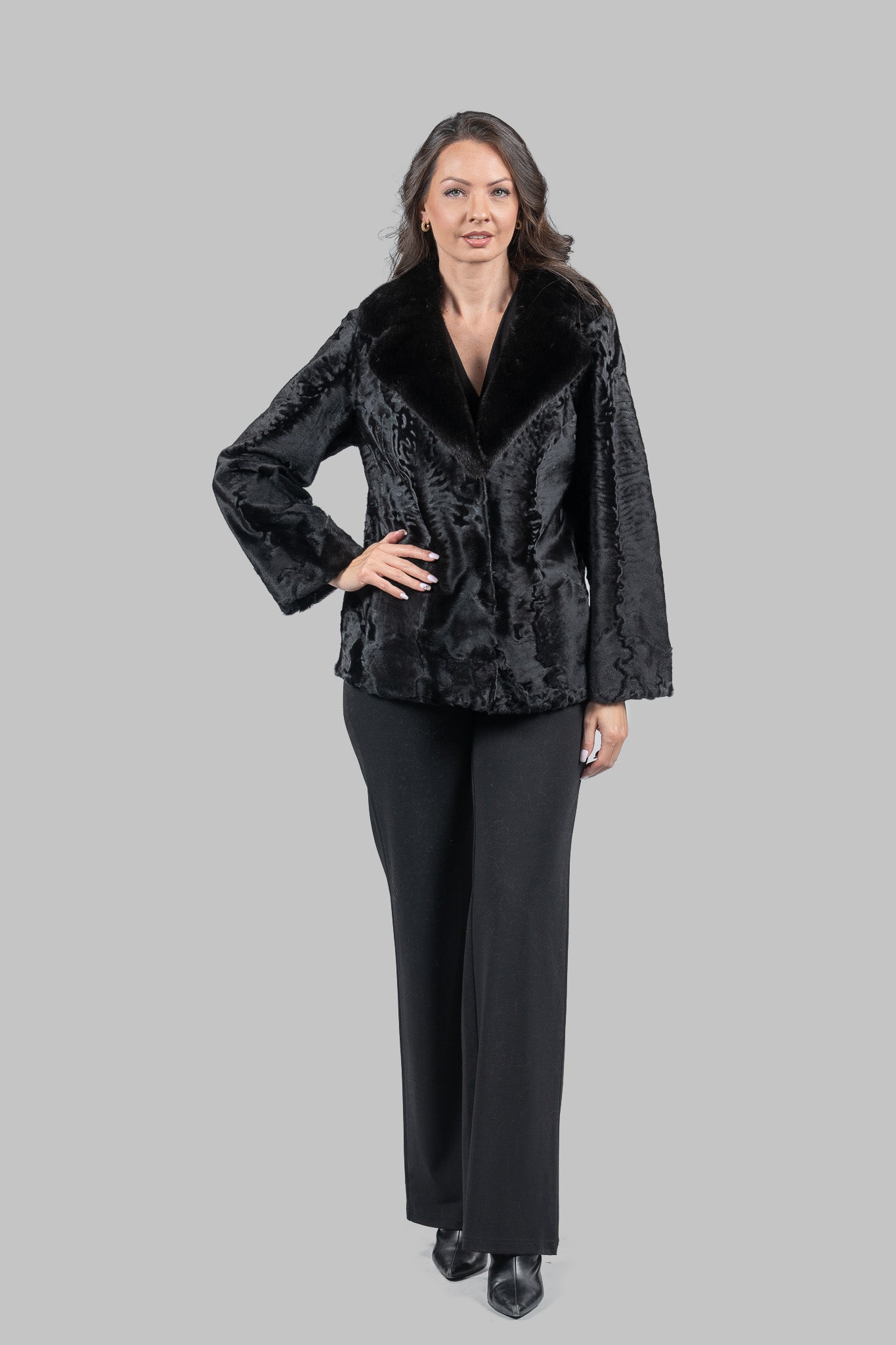 Black Swakara Jacket with Mink-Trimmed Notch Collar S/S13C528s20