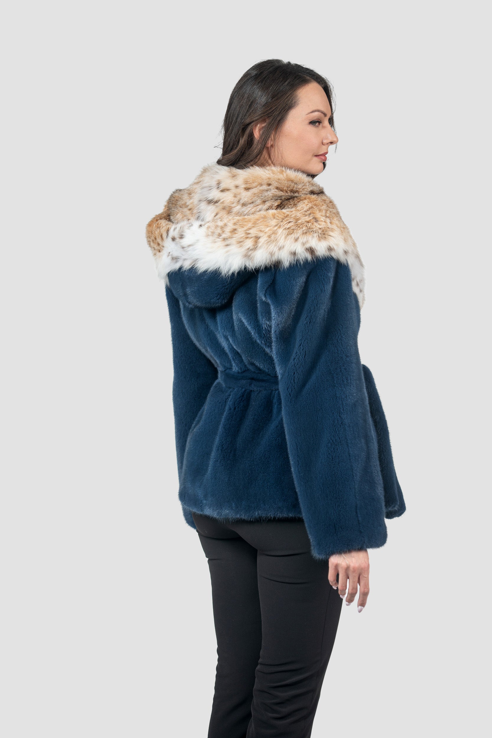 Blue Jean Mink Half Coat with Bobcat Hood L/O13C978