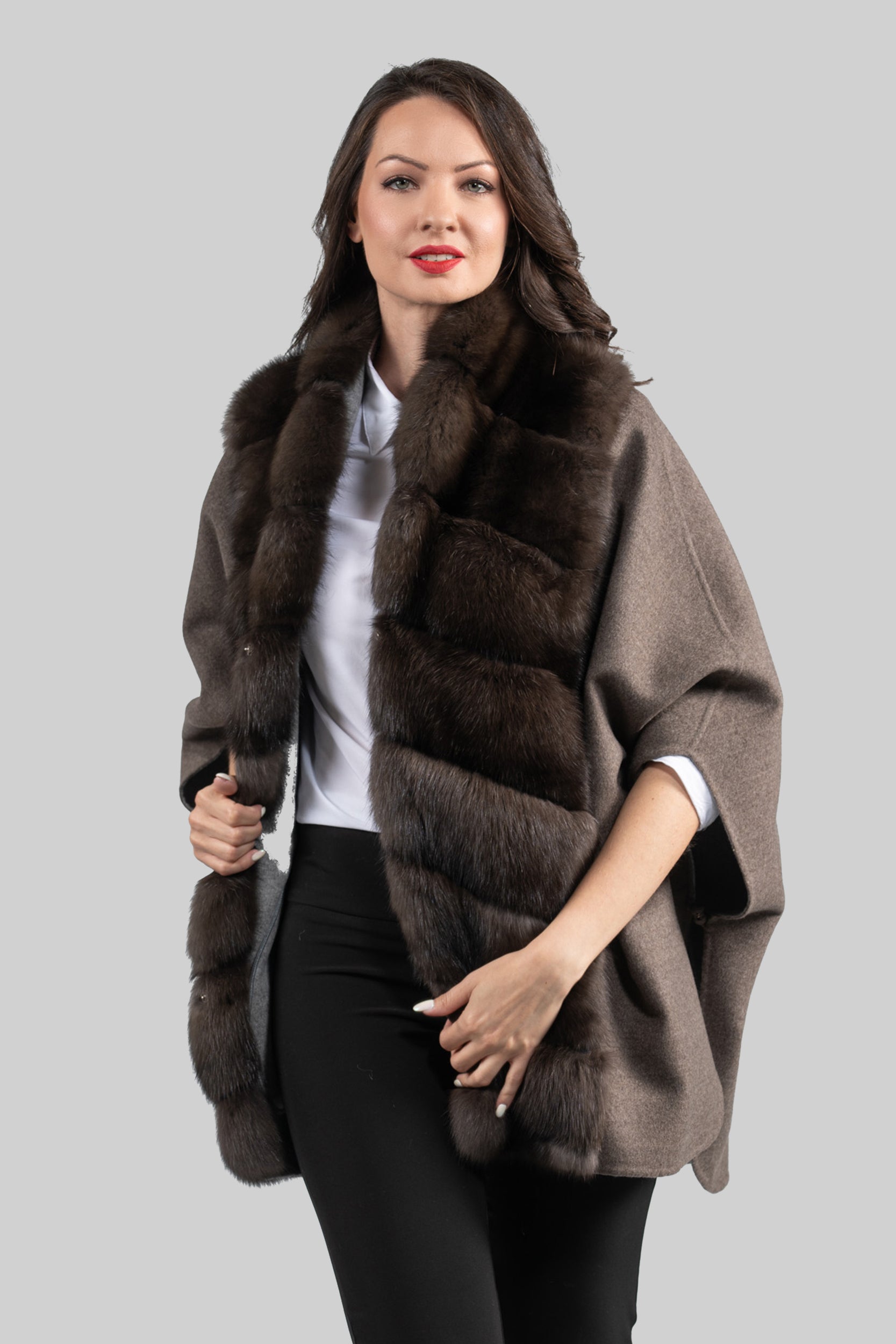 Brown Gray Cashmere Cape with Russian Sable Trim 18M950