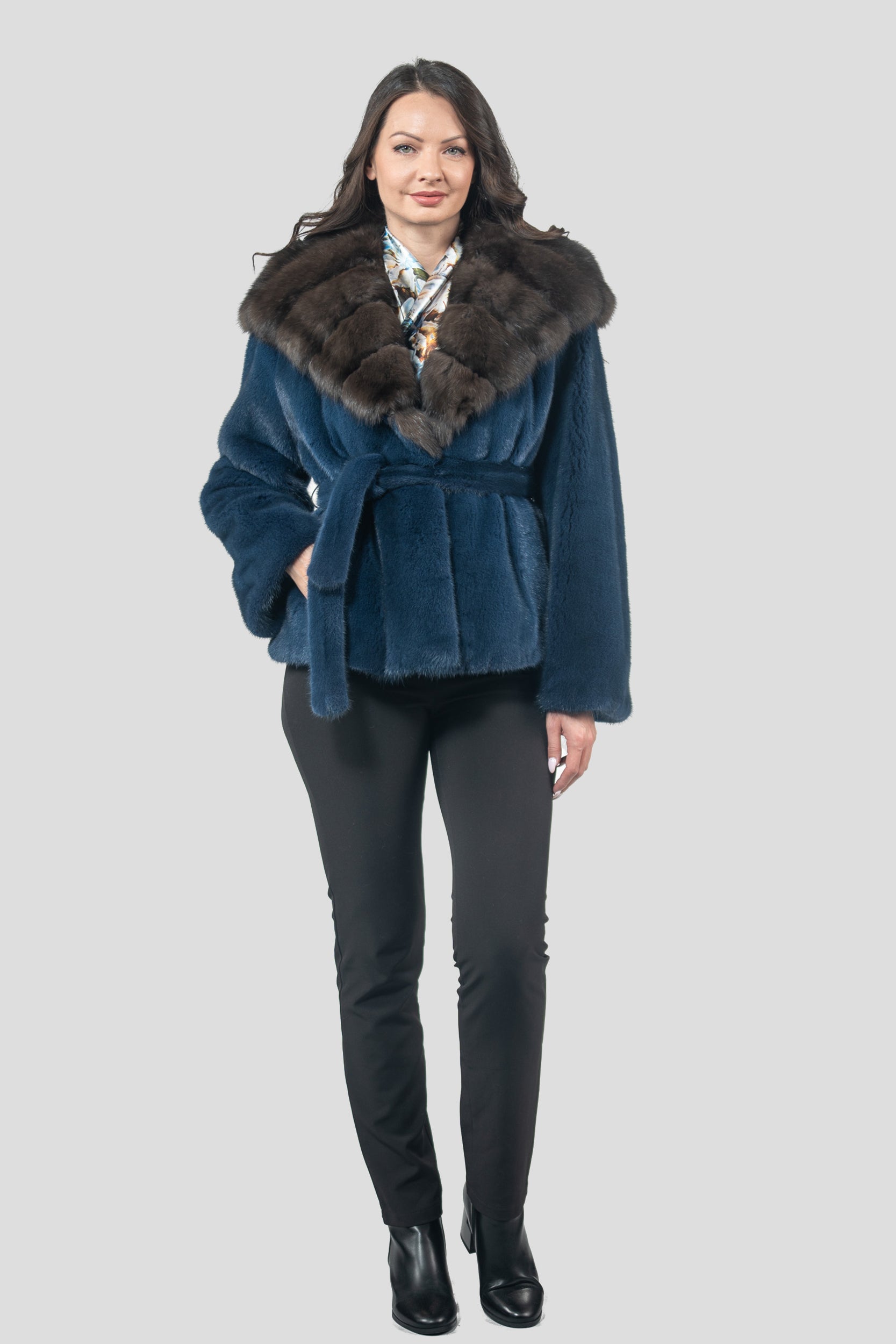 Blue Jean Mink Half Coat with Russian Sable Hood L/O13C978