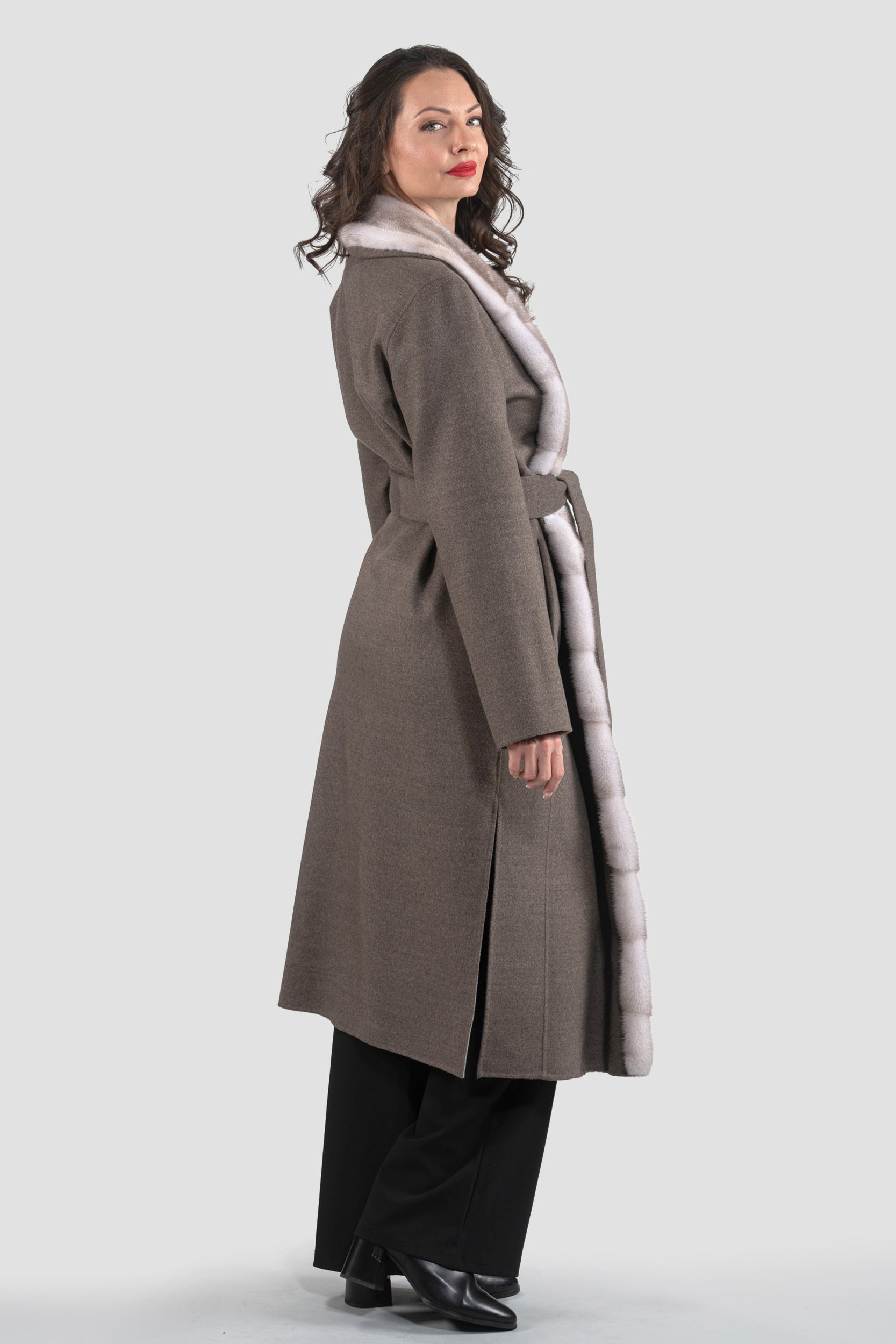 Brown Grey Cashmere Coat with Mink Trim 3321