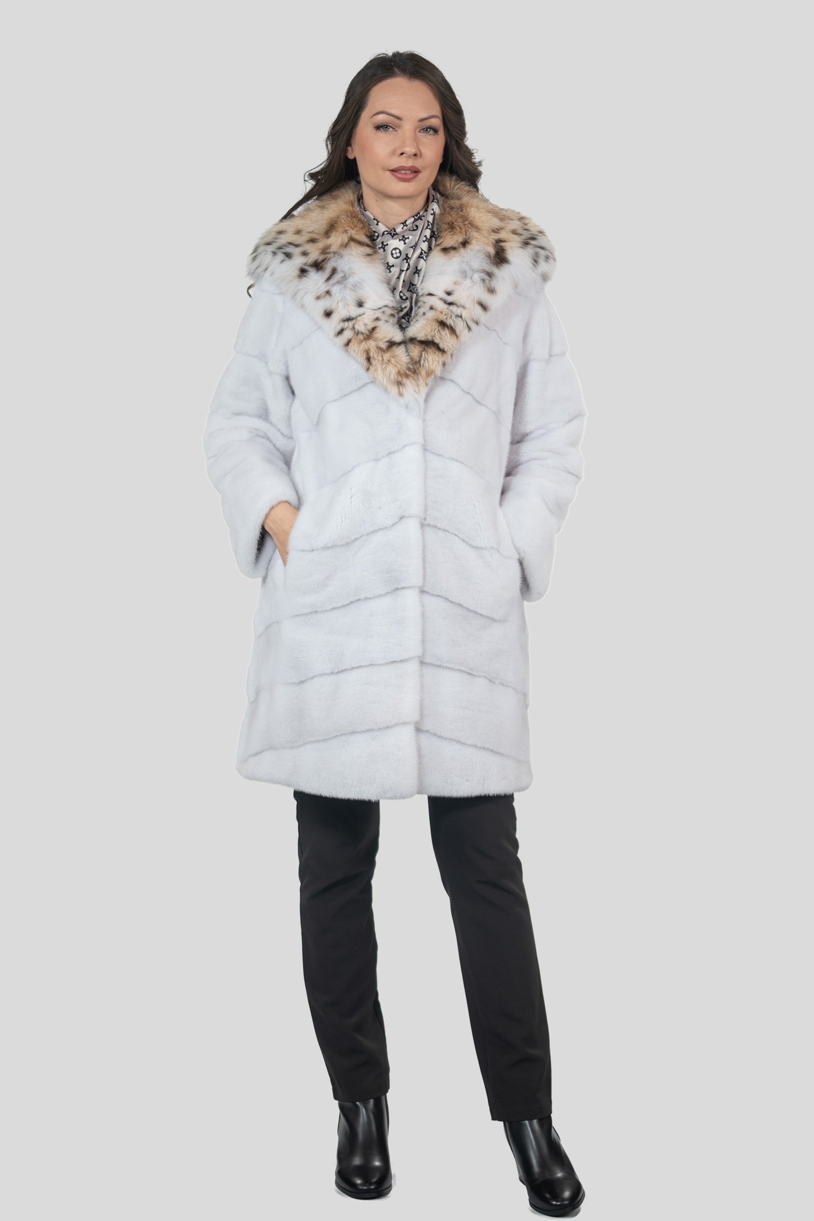 White Mink Half Coat with Bobcat Hood A/K4340