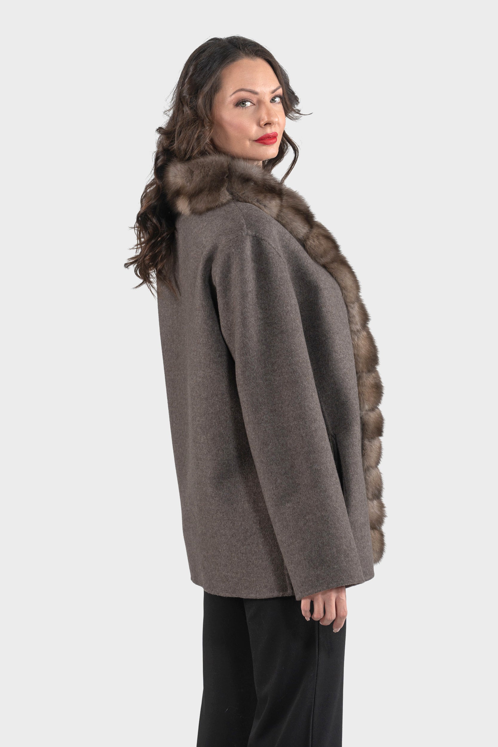 Grey Cashmere Wool Jacket with Russian Sable Trim 21C6080