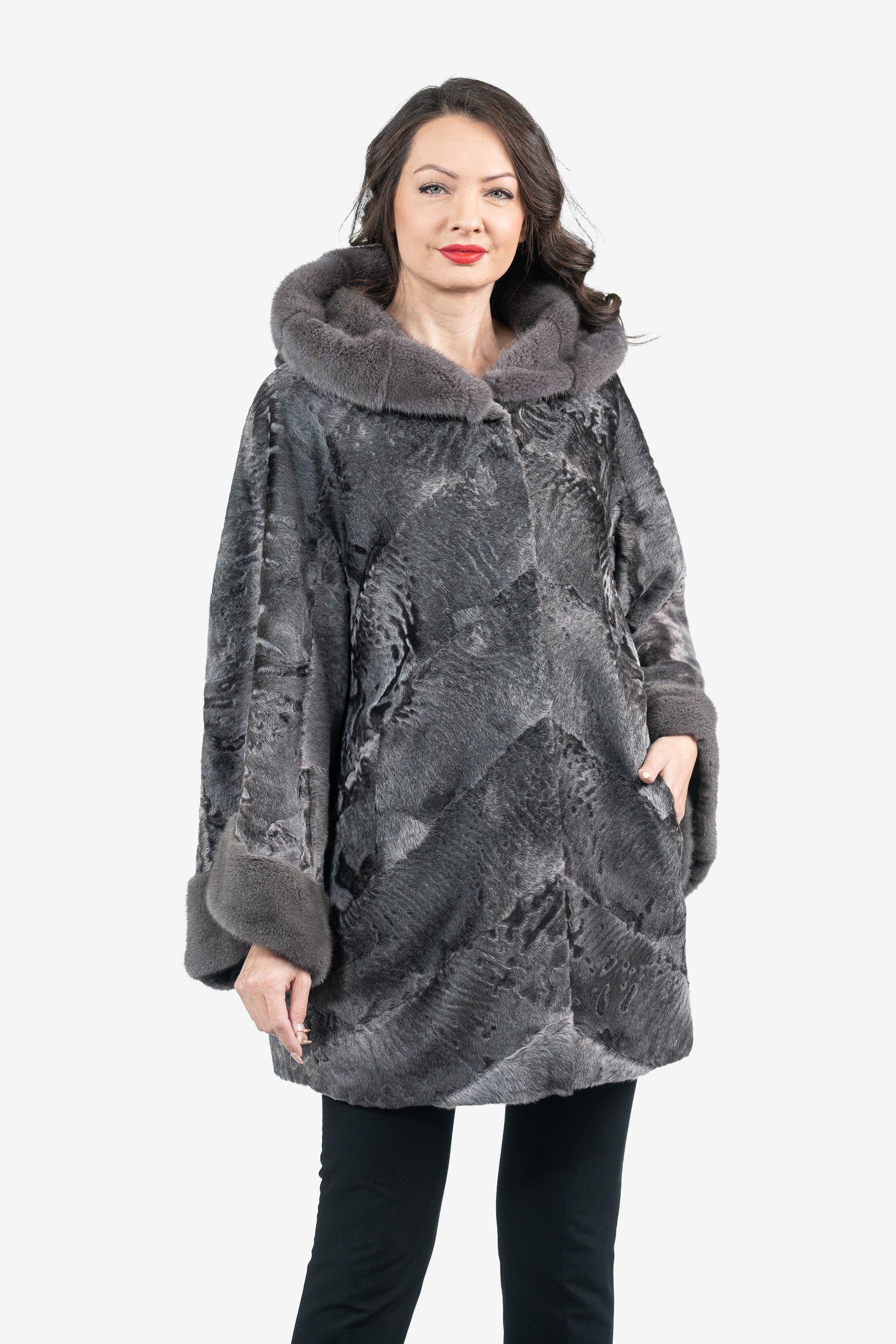 Grey Moon Swakara Half Coat with Mink Trim A/K850V30