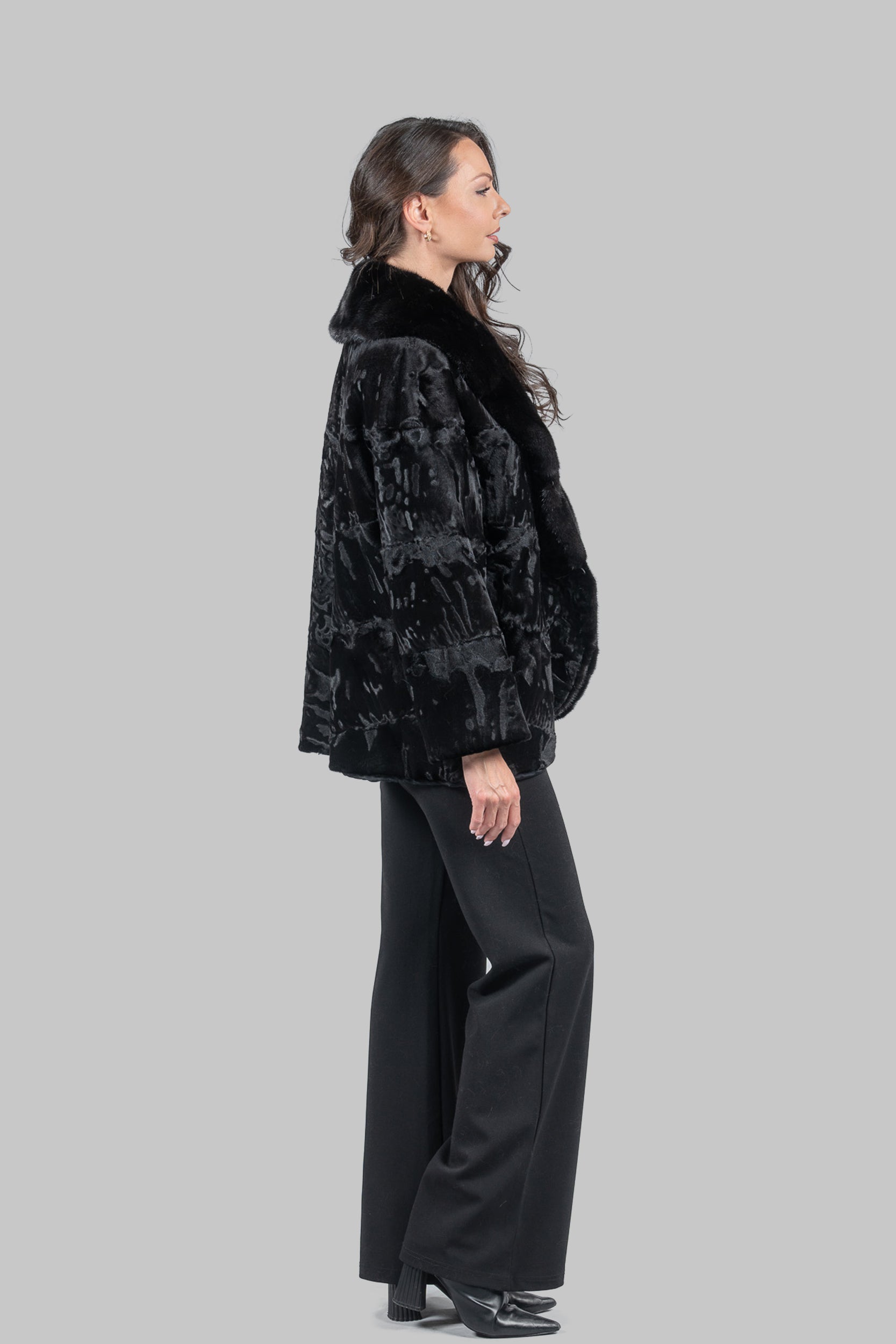 Black Swakara with Extended Mink Shawl Collar Fur Jacket V/K19C123